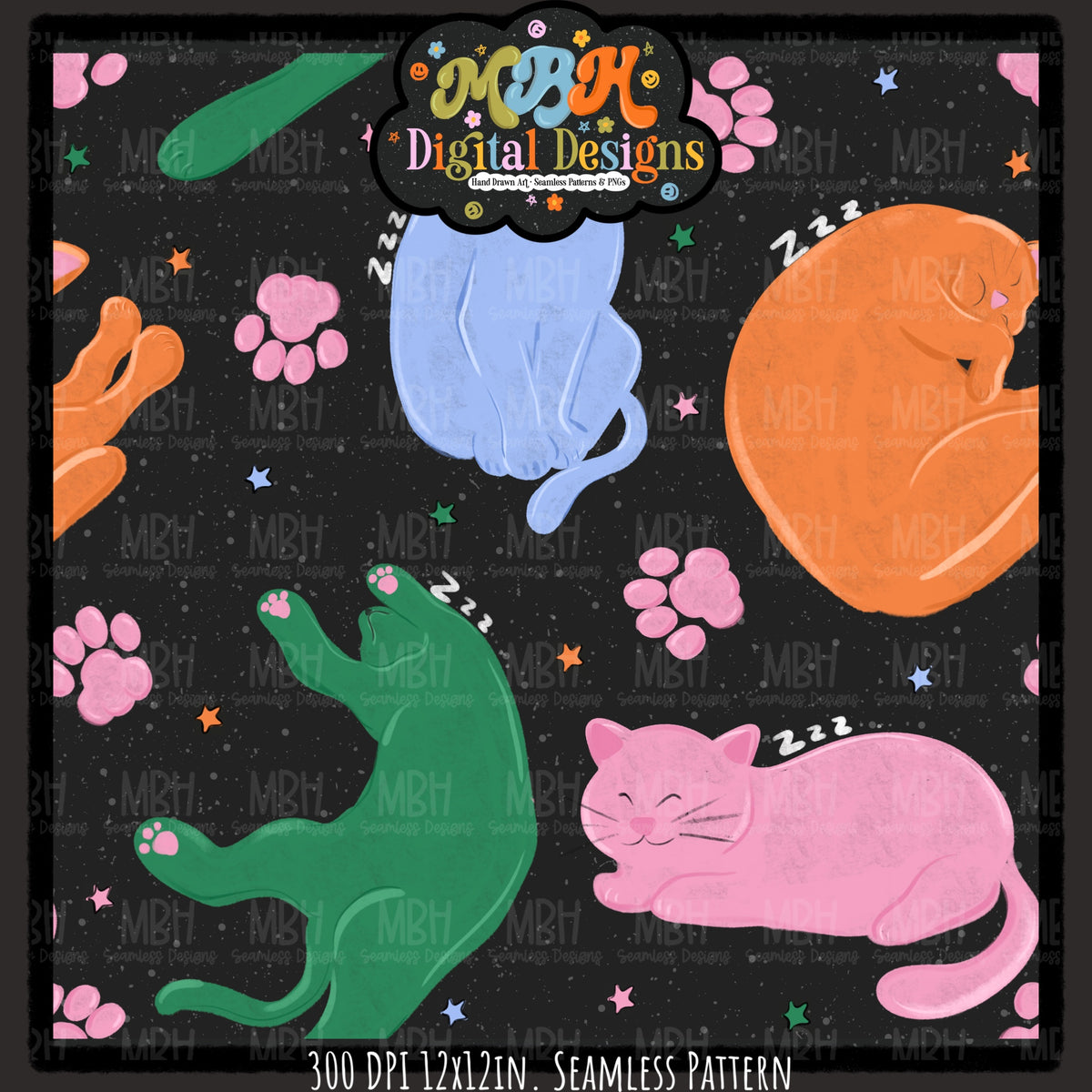 Retro Starry Sleepy Cats Seamless Pattern // PNG // MULTIPLE COLORWAYS