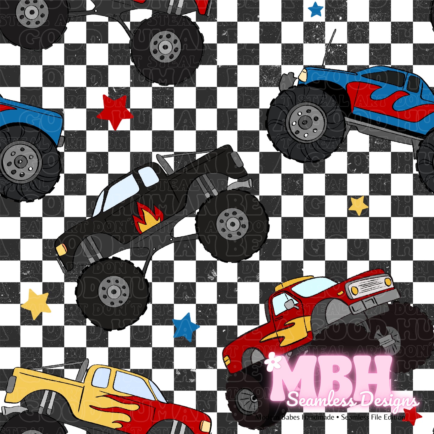 Checkered Monster Trucks Seamless Pattern