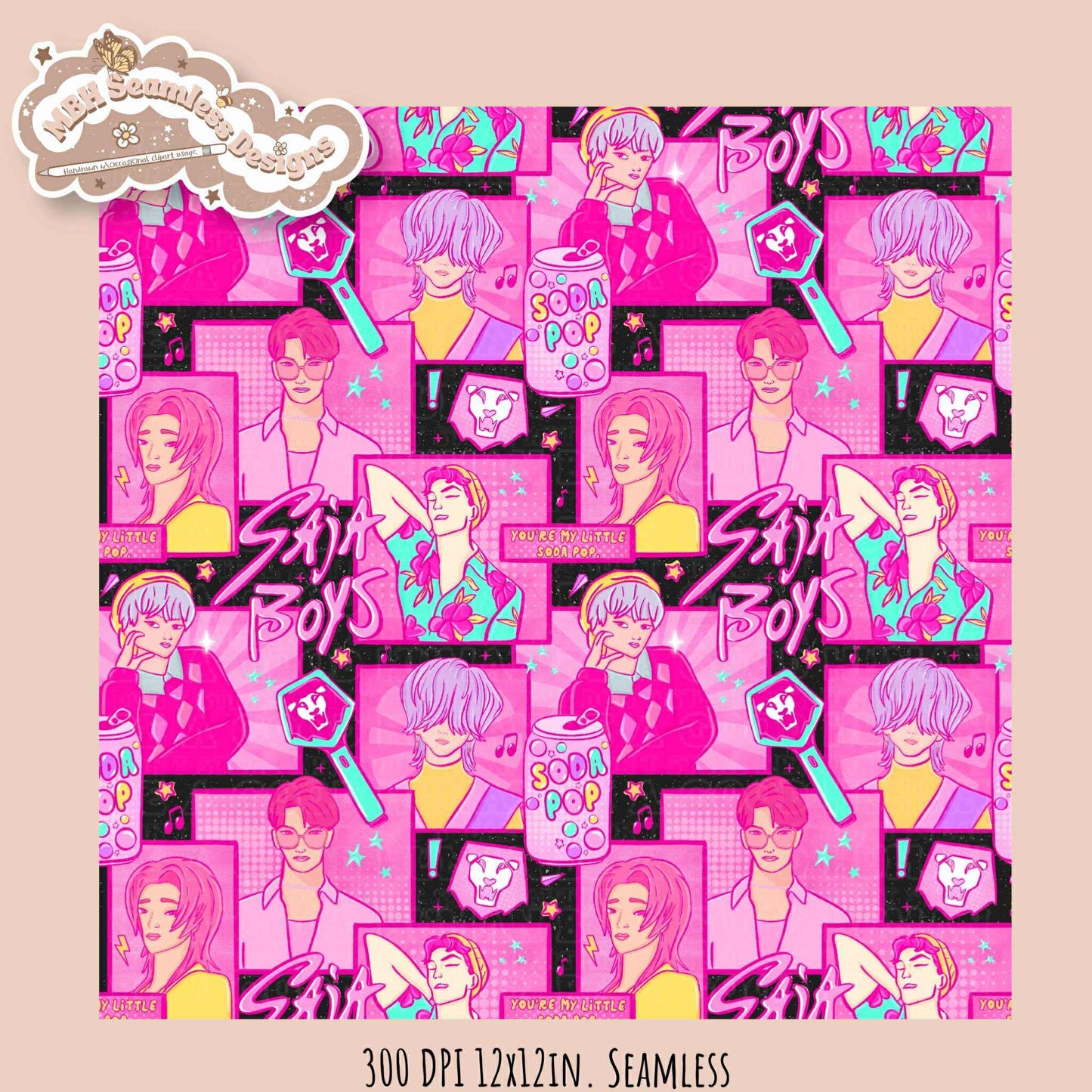 Pink Comic Soda Pop Boys Seamless Pattern // Assorted Colorway Options