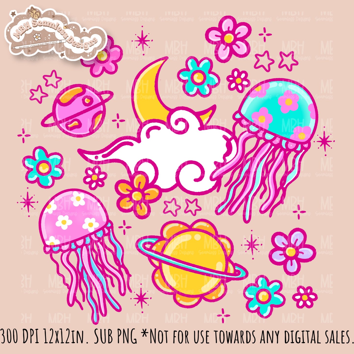 Space Jellyfish Seamless Pattern • Multiple Colorways •  Coordinates • PNG
