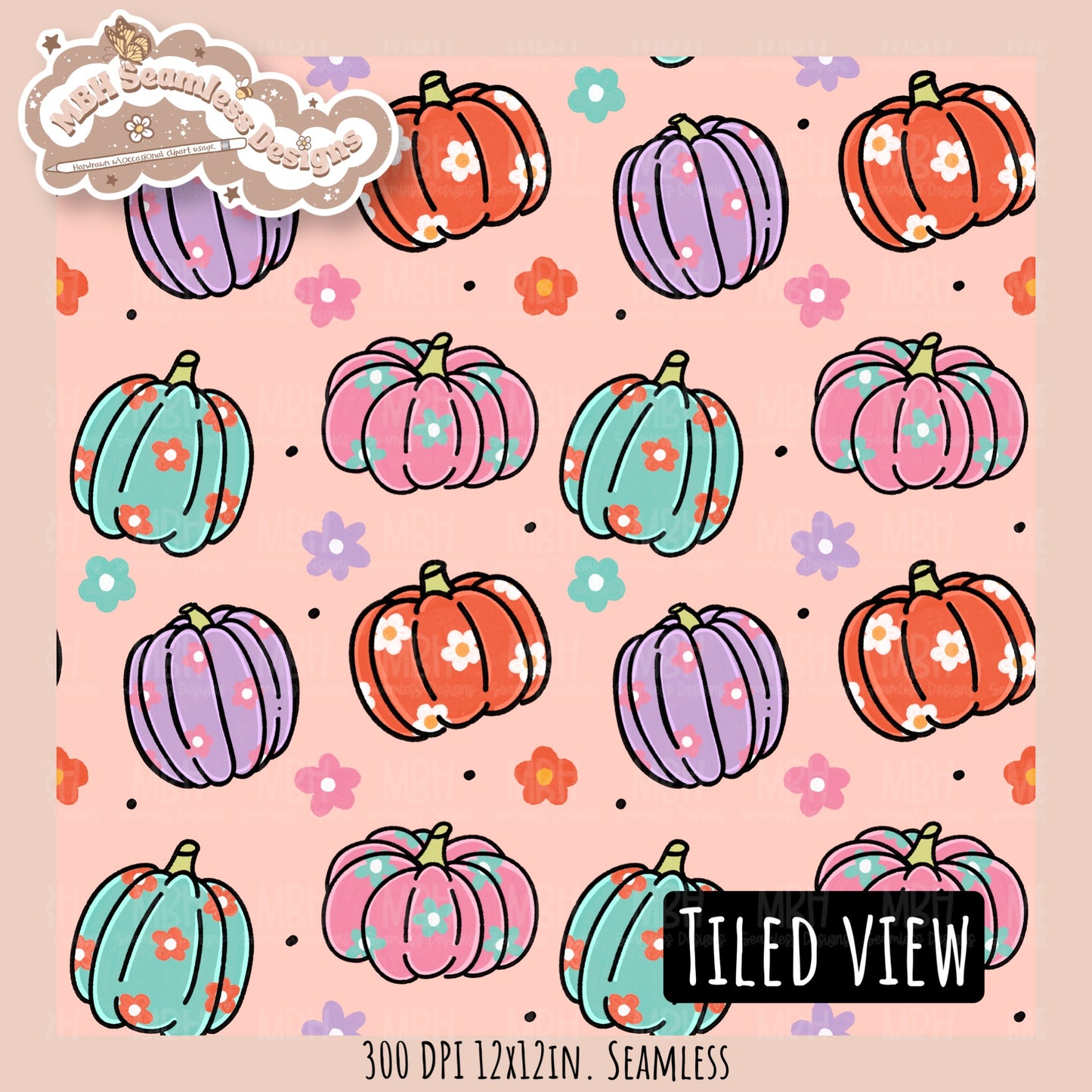Daisy Pumpkins Seamless Pattern // Assorted Colorway Options