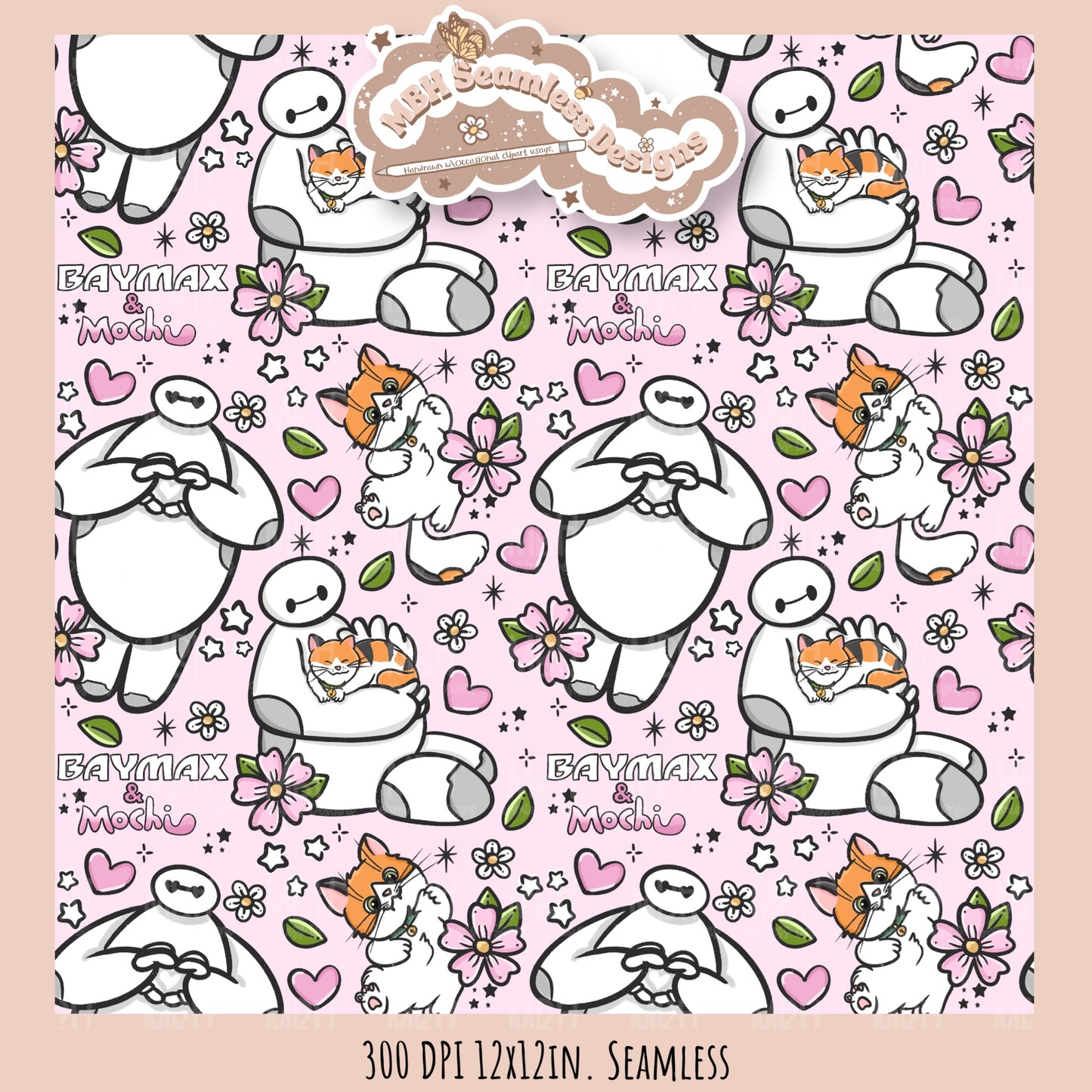 Floral Baymax Mochi Seamless Pattern // Multiple Colorway Options