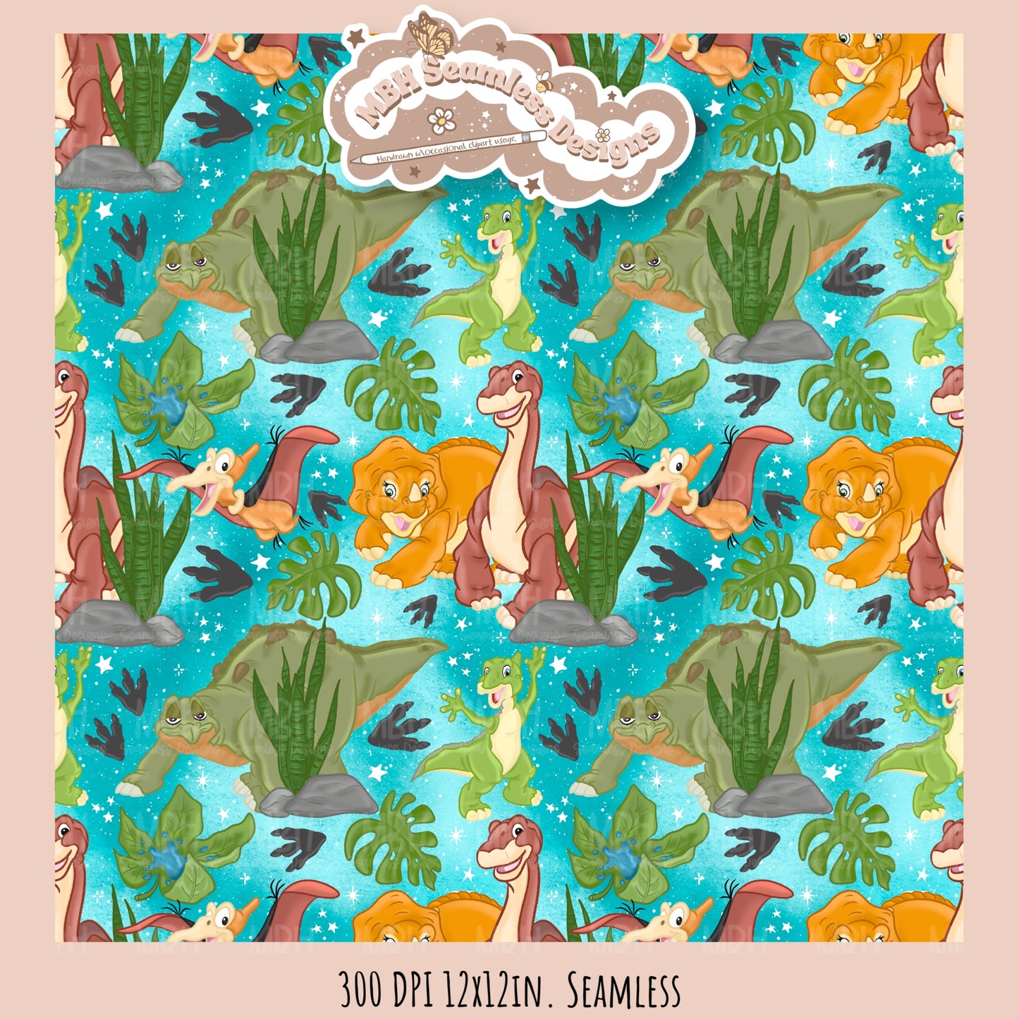 Starry LBT Dinosaurs Seamless Pattern // Multiple Colorway Options