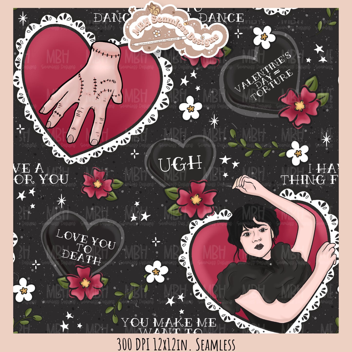 Wednesday Red Tattoo Hearts  Seamless Pattern // PNG // Assorted Colorways