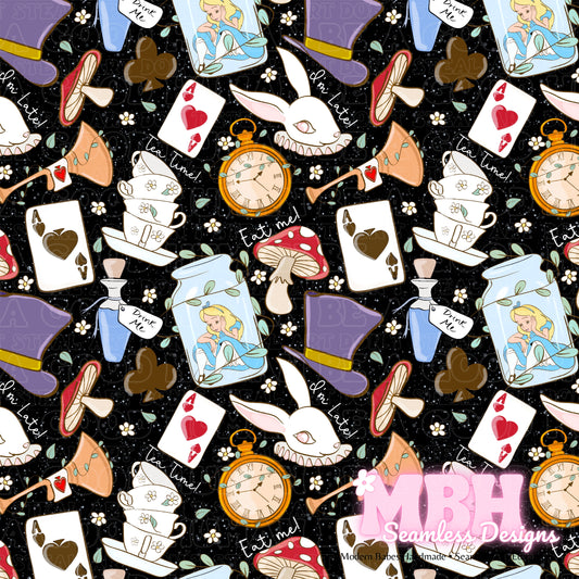 Alice In Wonderland Assorted Colorways Seamless Pattern