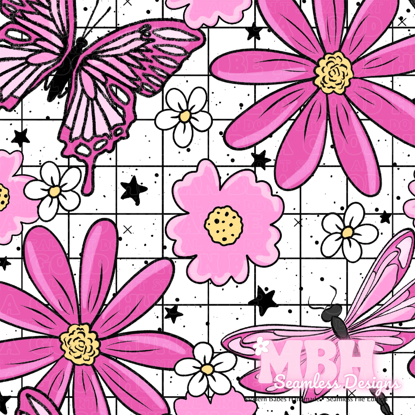 GRID Pink Butterfly Dragonfly Floral Seamless Pattern MULTIPLE COLORWAYS and COORDS