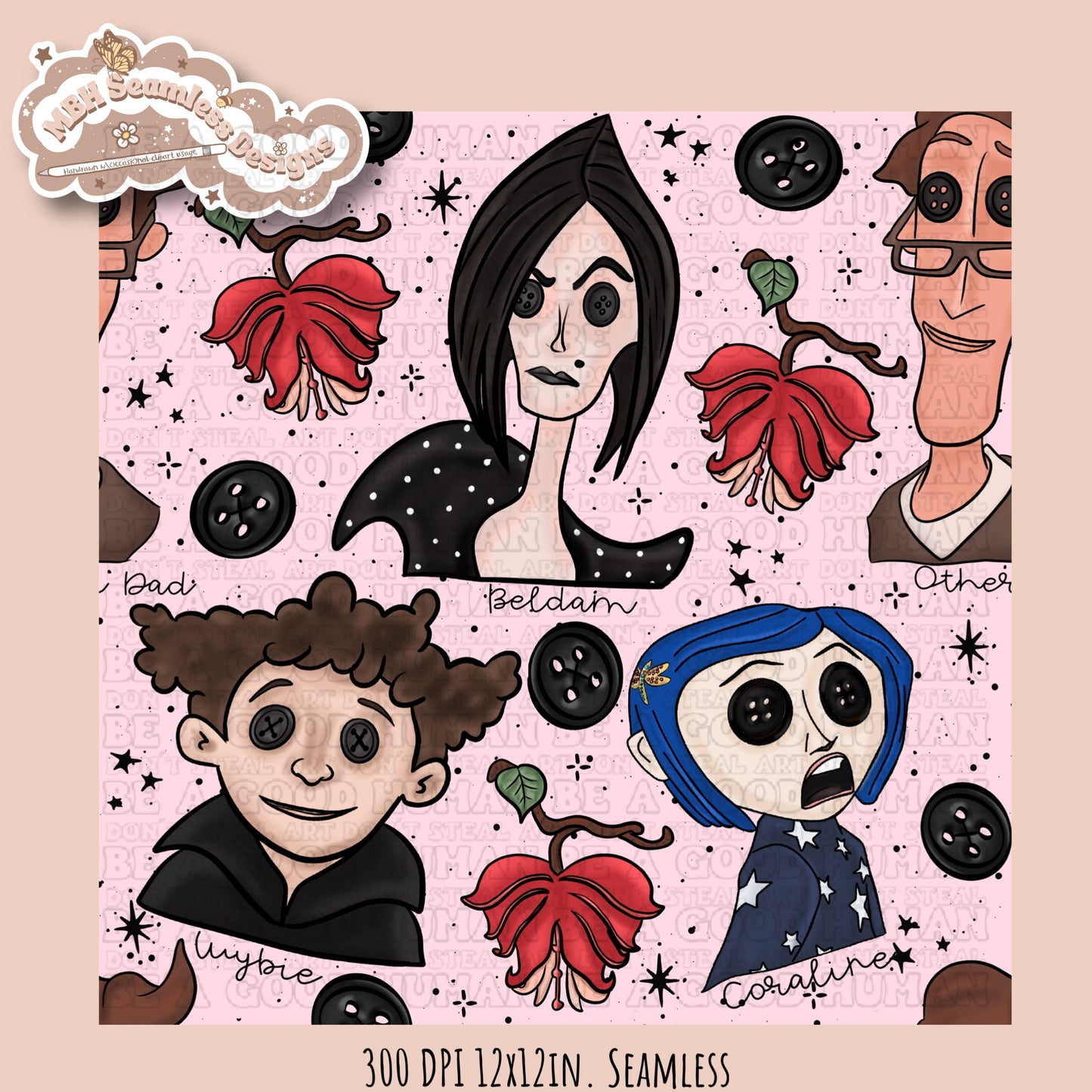 Bleeding Hearts Button Eyes Seamless Pattern Multiple Colorway Options