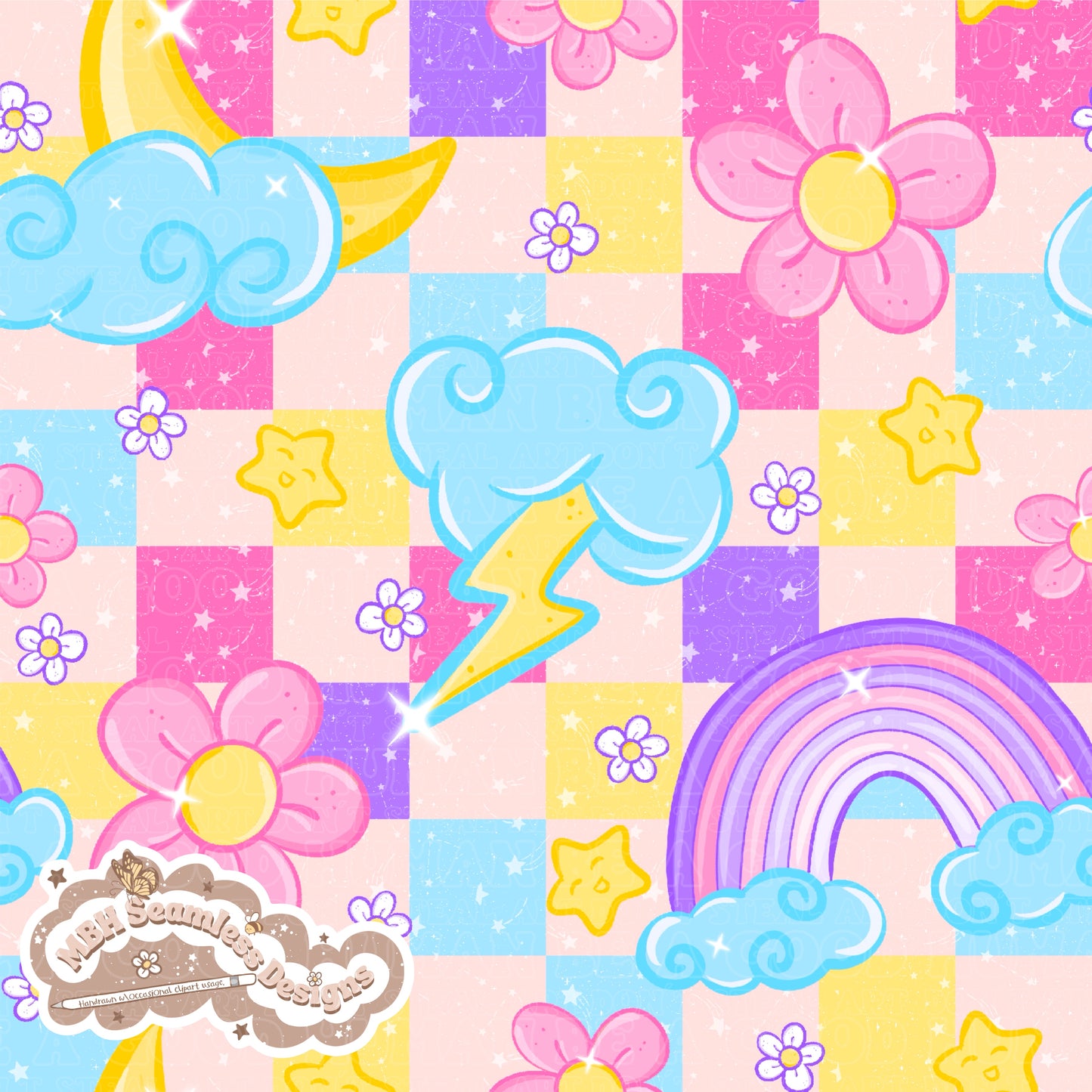 Checkered Starry Floral Rainbow Skies Seamless Pattern MULTIPLE COLORWAYS