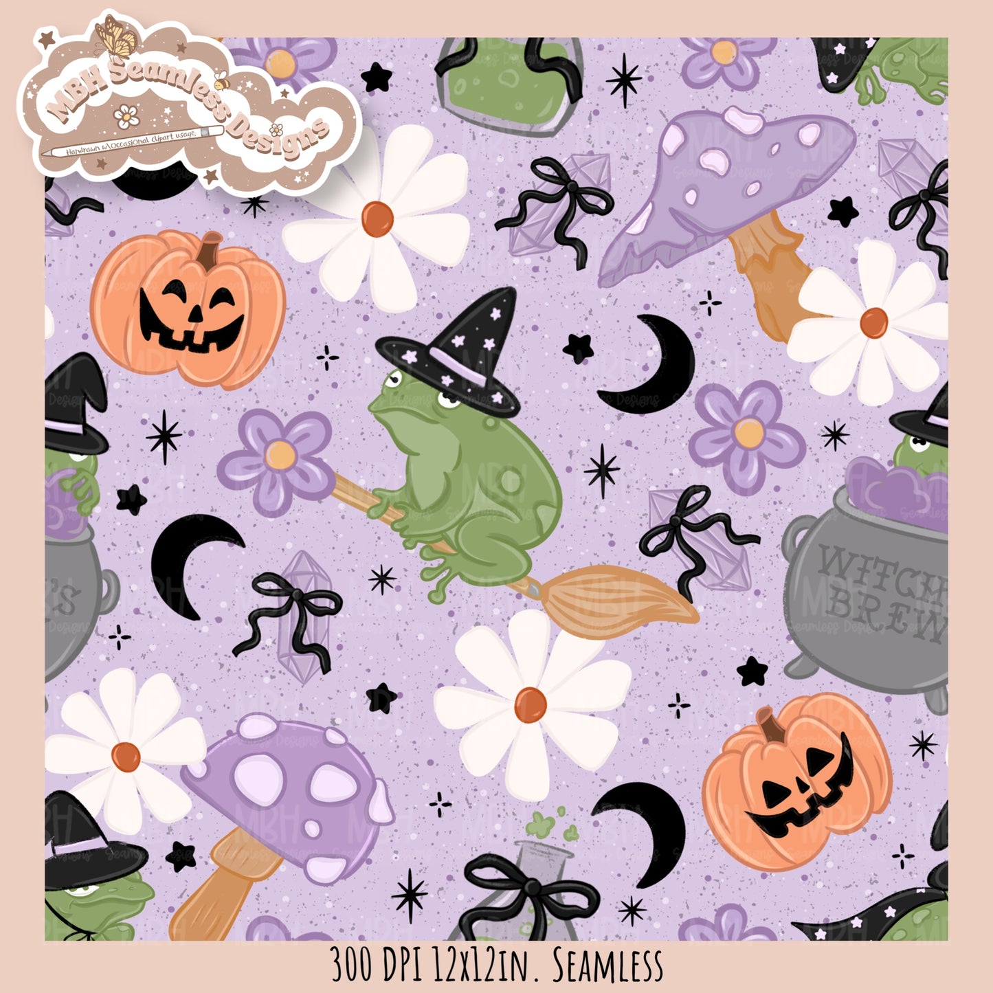 Coquette Witchy Frogs Seamless Pattern•PNG•Multiple Colorways
