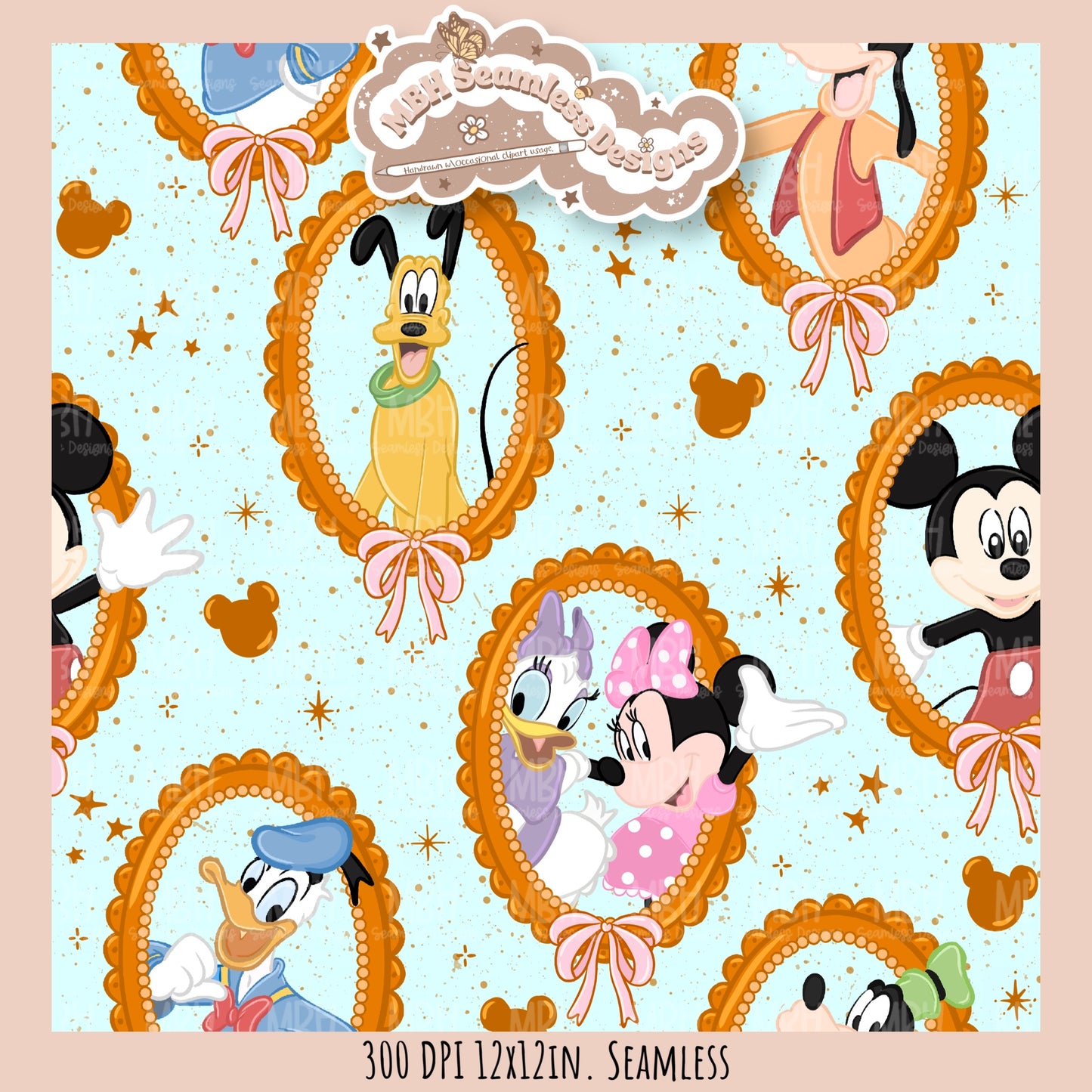 Coquette Framed Mouse and Friends Seamless Pattern • PNG • Assorted Colorway Options