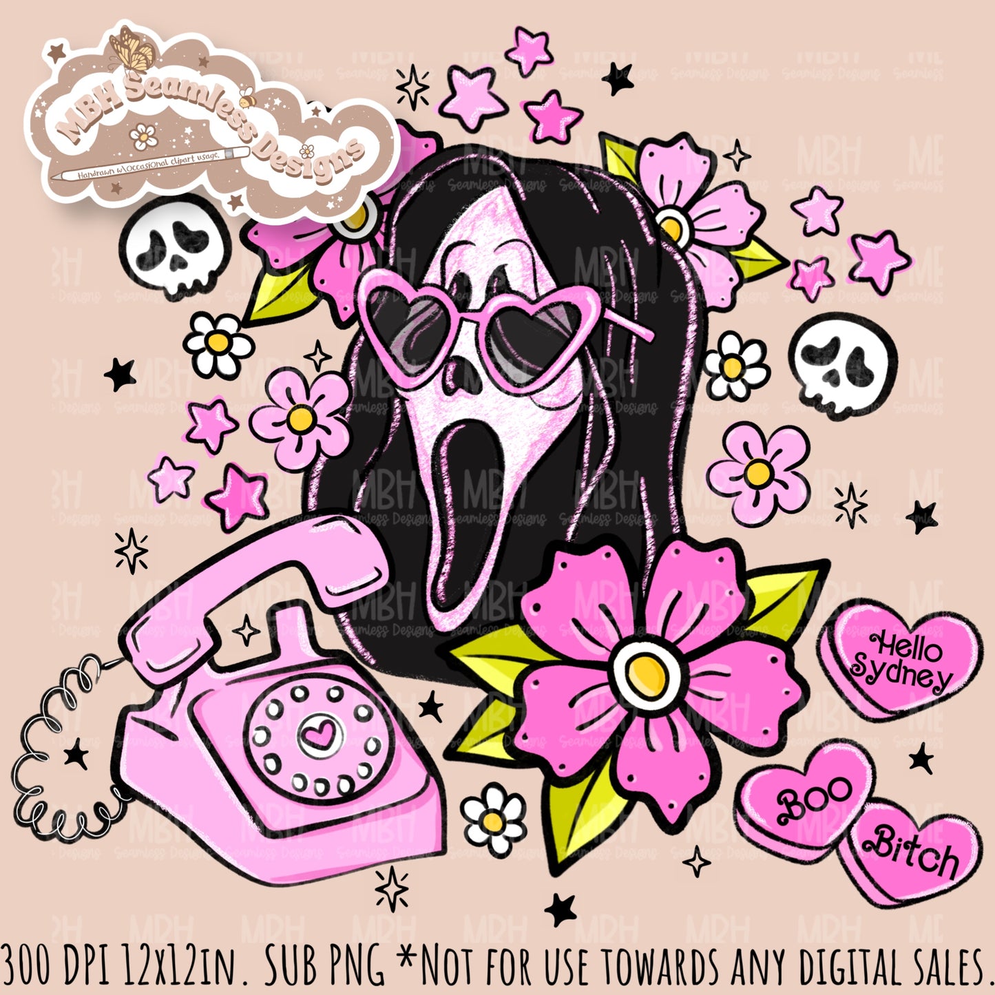 Glitter Tattoo Floral x Ghostface Seamless Pattern // PNG //Multiple Colorway Options