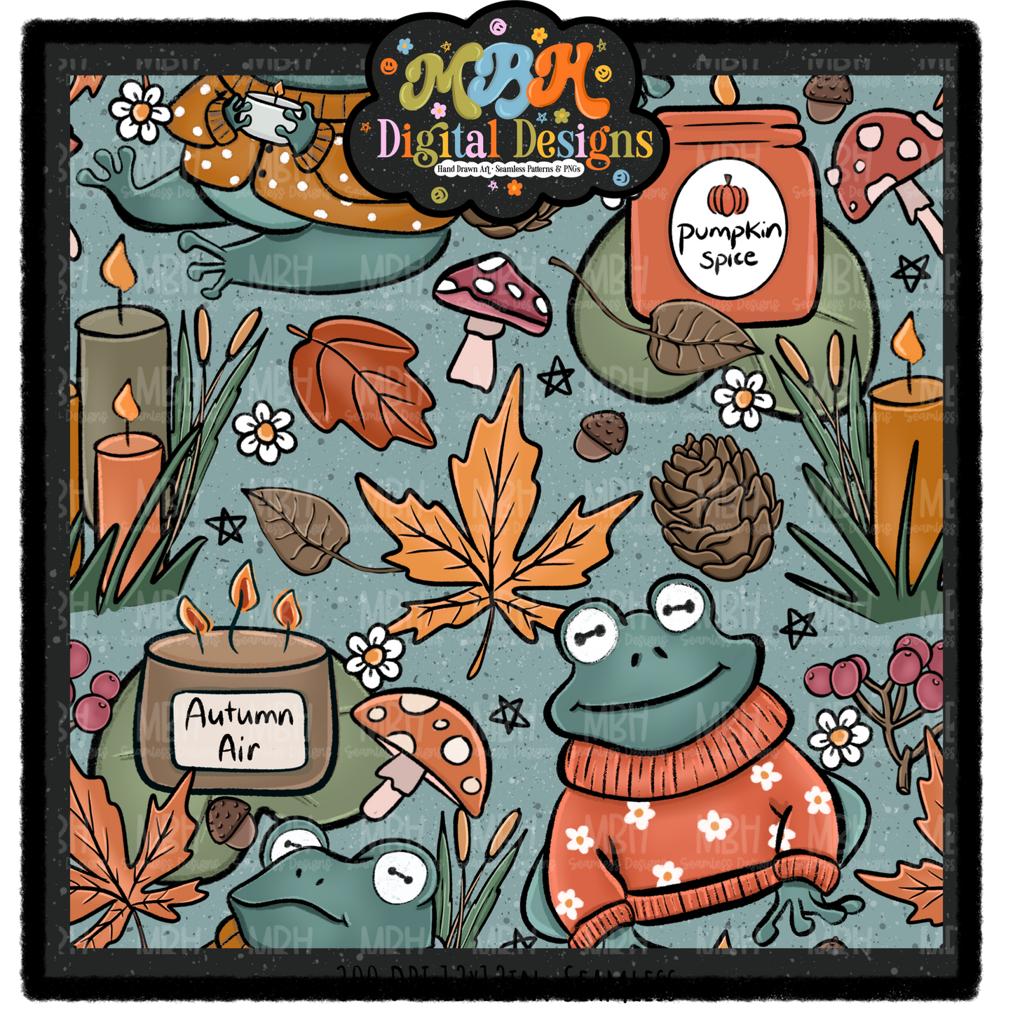 Cozy Fall Frogs Seamless Pattern // PNG // MULTIPLE COLORWAYS