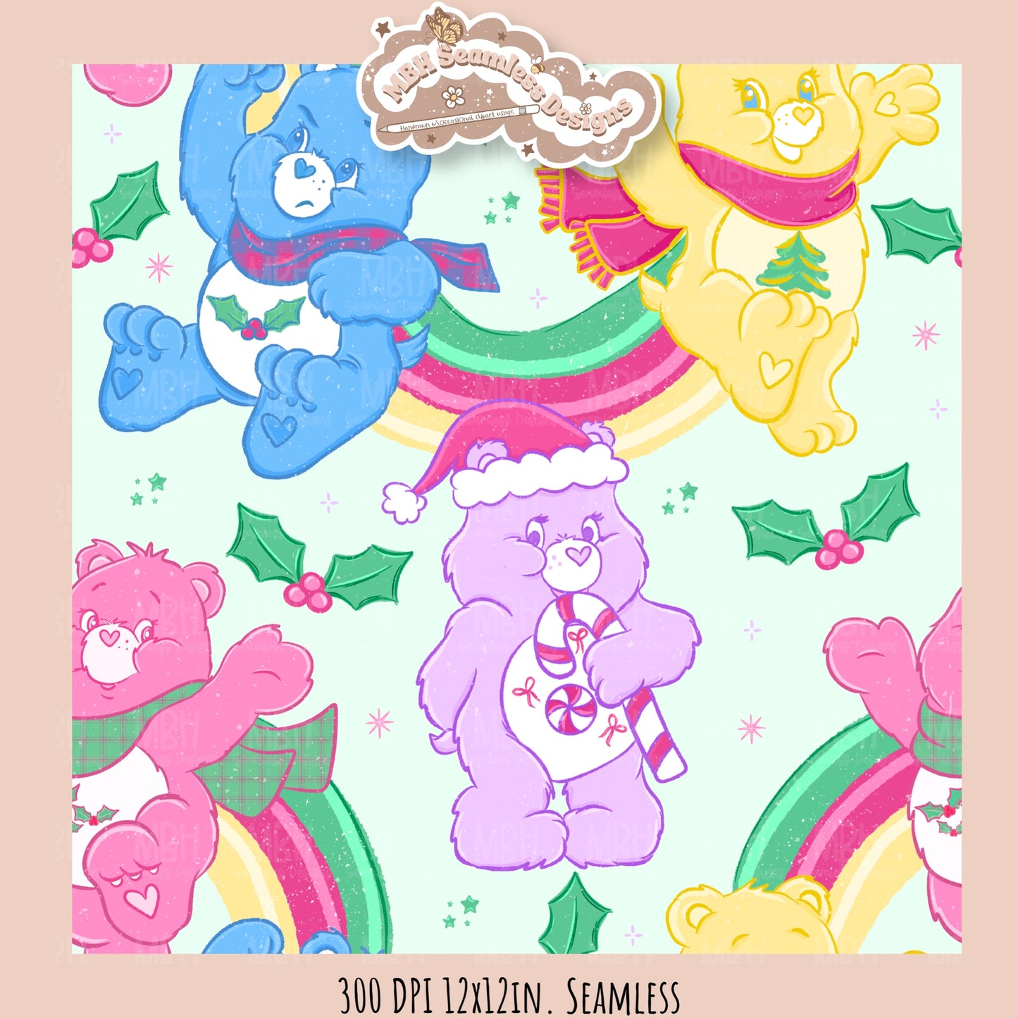 Holiday Care Bears Seamless Pattern // Assorted Colorway Options