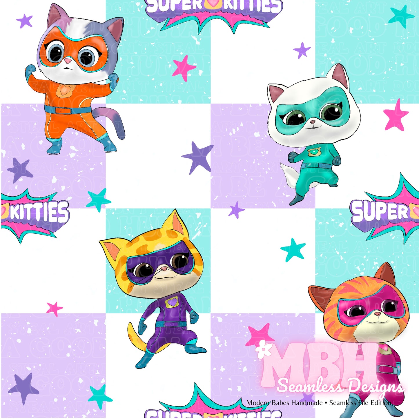 Super Kitties Starry Chex Seamless Pattern