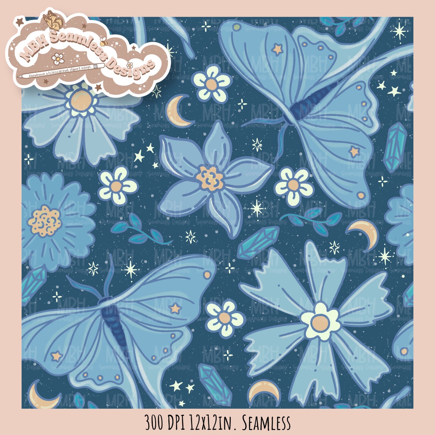 Starry Night Floral Luna Moths Seamless Pattern // PNG//  MULTIPLE COLORWAYS