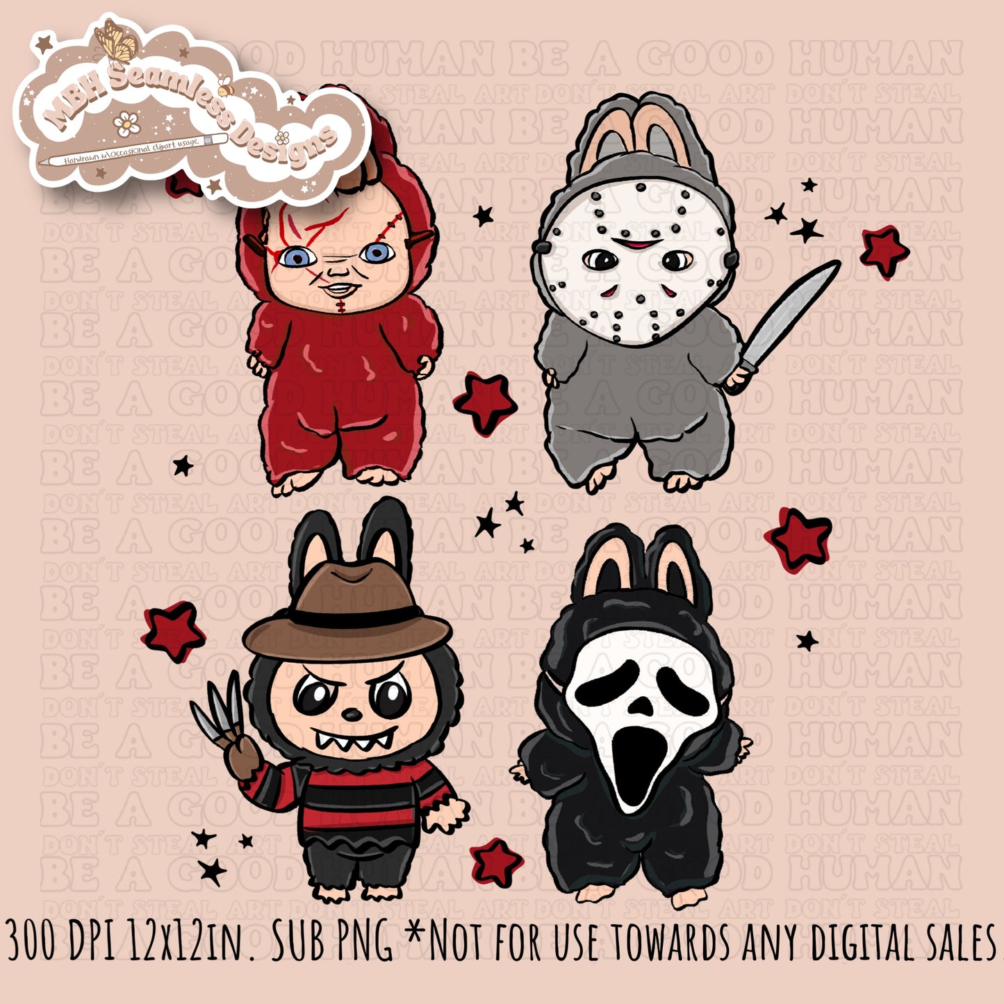 Labubu x Horror Seamless Pattern // PNG // Multiple Colorway Options