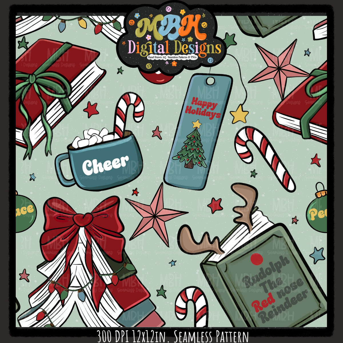 Moody Bookish Christmas Seamless Pattern // MULTIPLE COLORWAYS