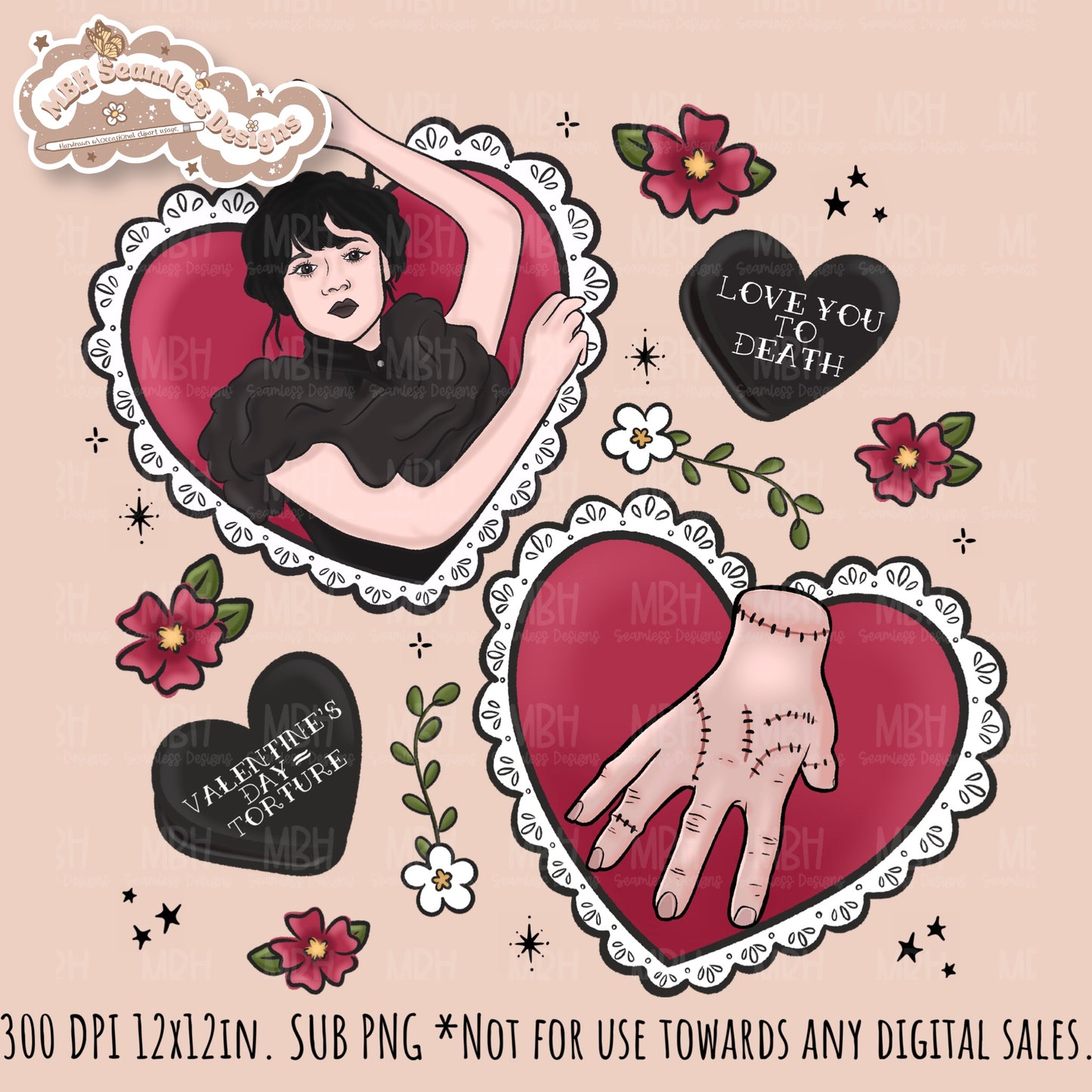 Wednesday Red Tattoo Hearts  Seamless Pattern // PNG // Assorted Colorways