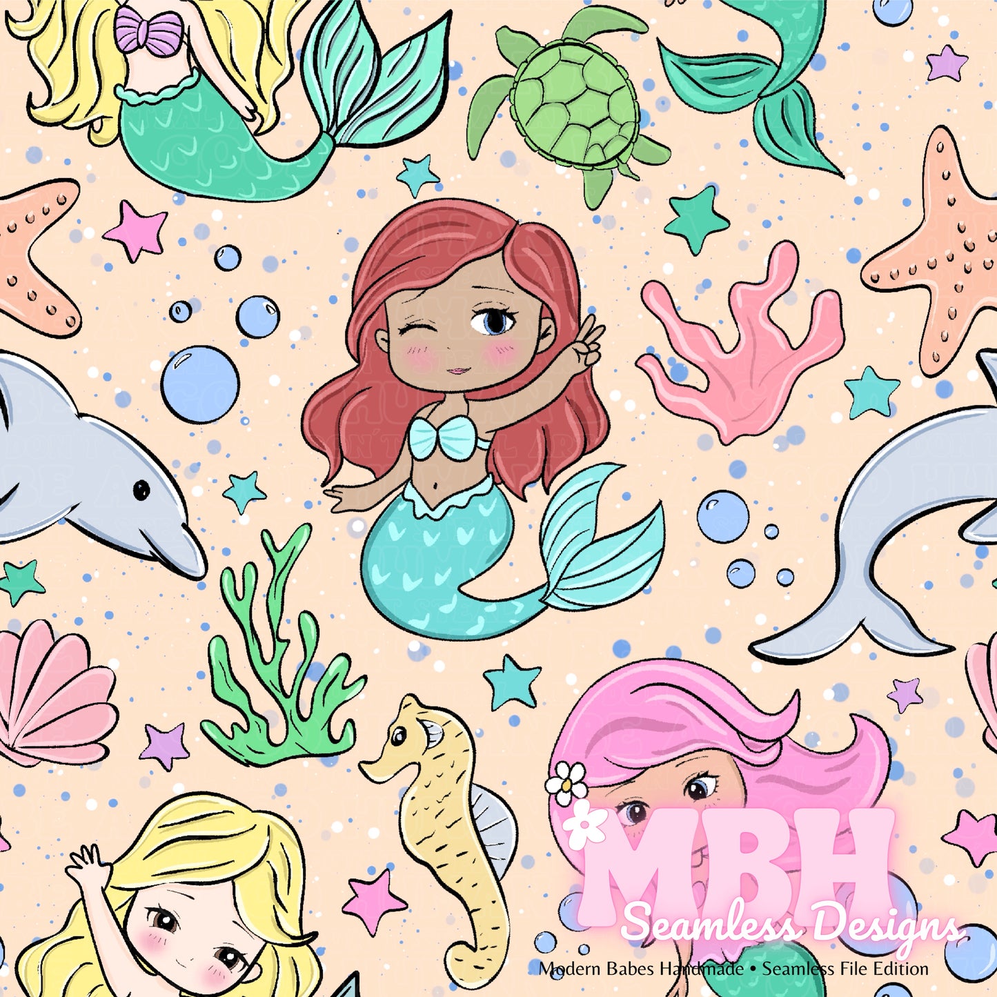 Chibi Mermaids Seamless Pattern MULTIPLE COLORWAYS