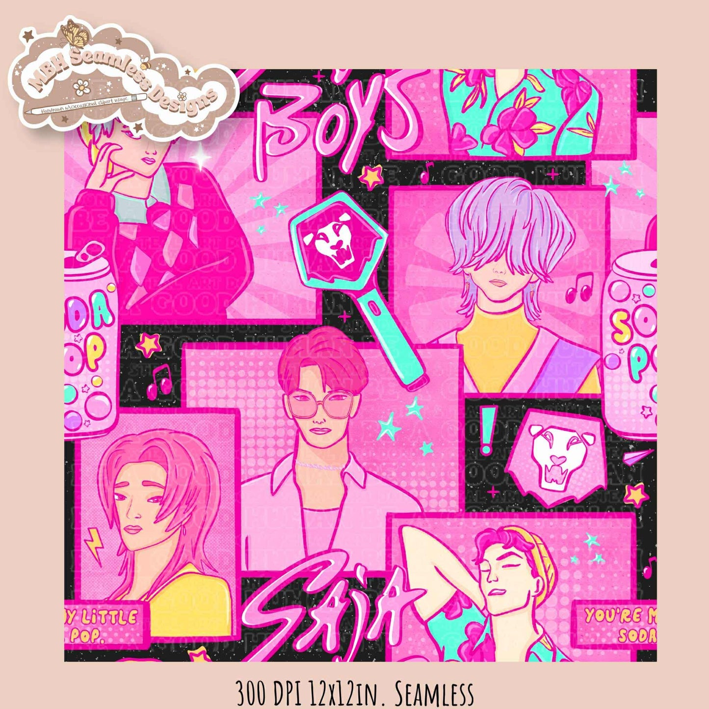 Pink Comic Soda Pop Boys Seamless Pattern // Assorted Colorway Options