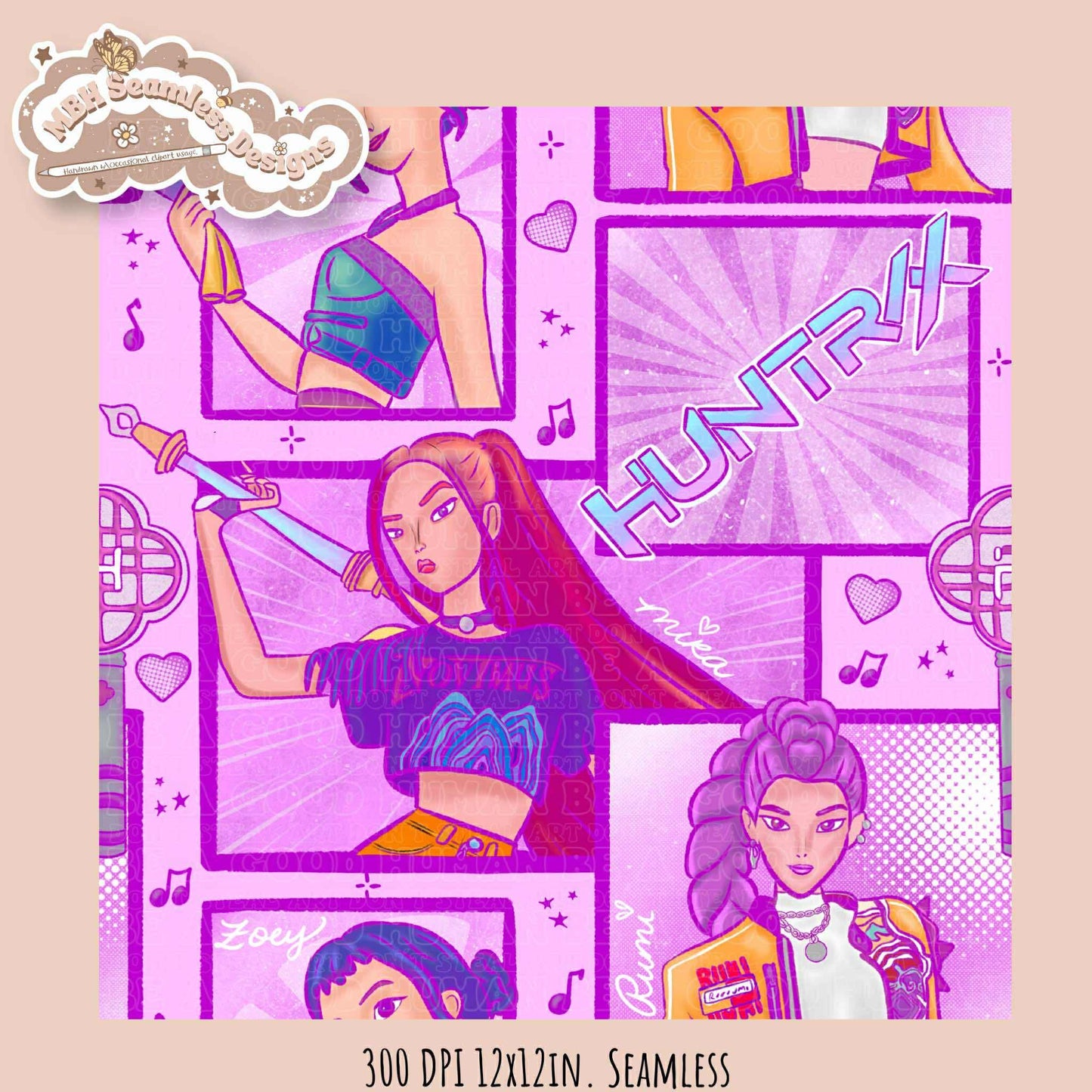 Comic Huntrx Seamless Pattern // PNG // Assorted Colorways