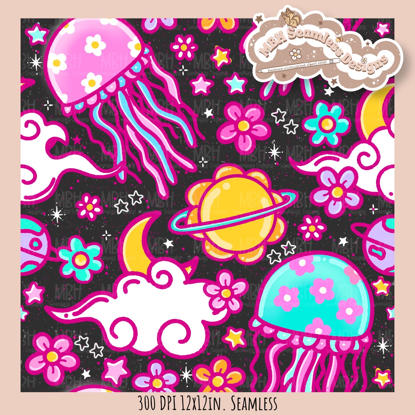 Space Jellyfish Seamless Pattern • Multiple Colorways •  Coordinates • PNG