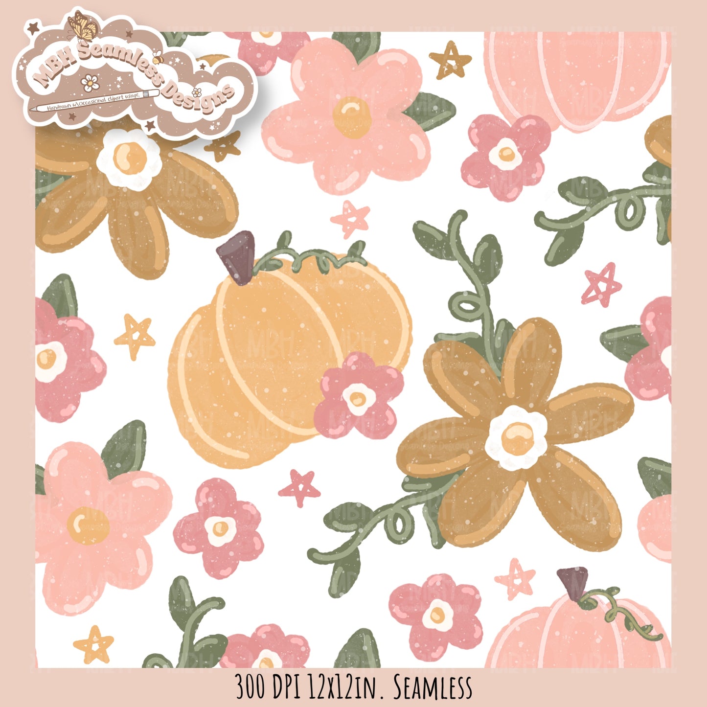 Dusty Fall Floral Pumpkins Seamless Pattern•Multiple Colorways