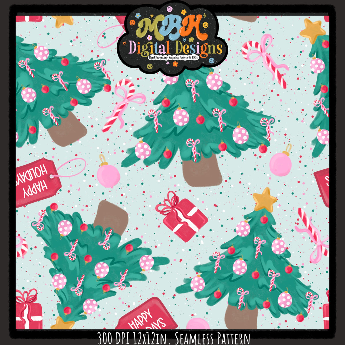 Happy Holiday Trees Seamless Pattern // PNG // MULTIPLE COLORWAYS
