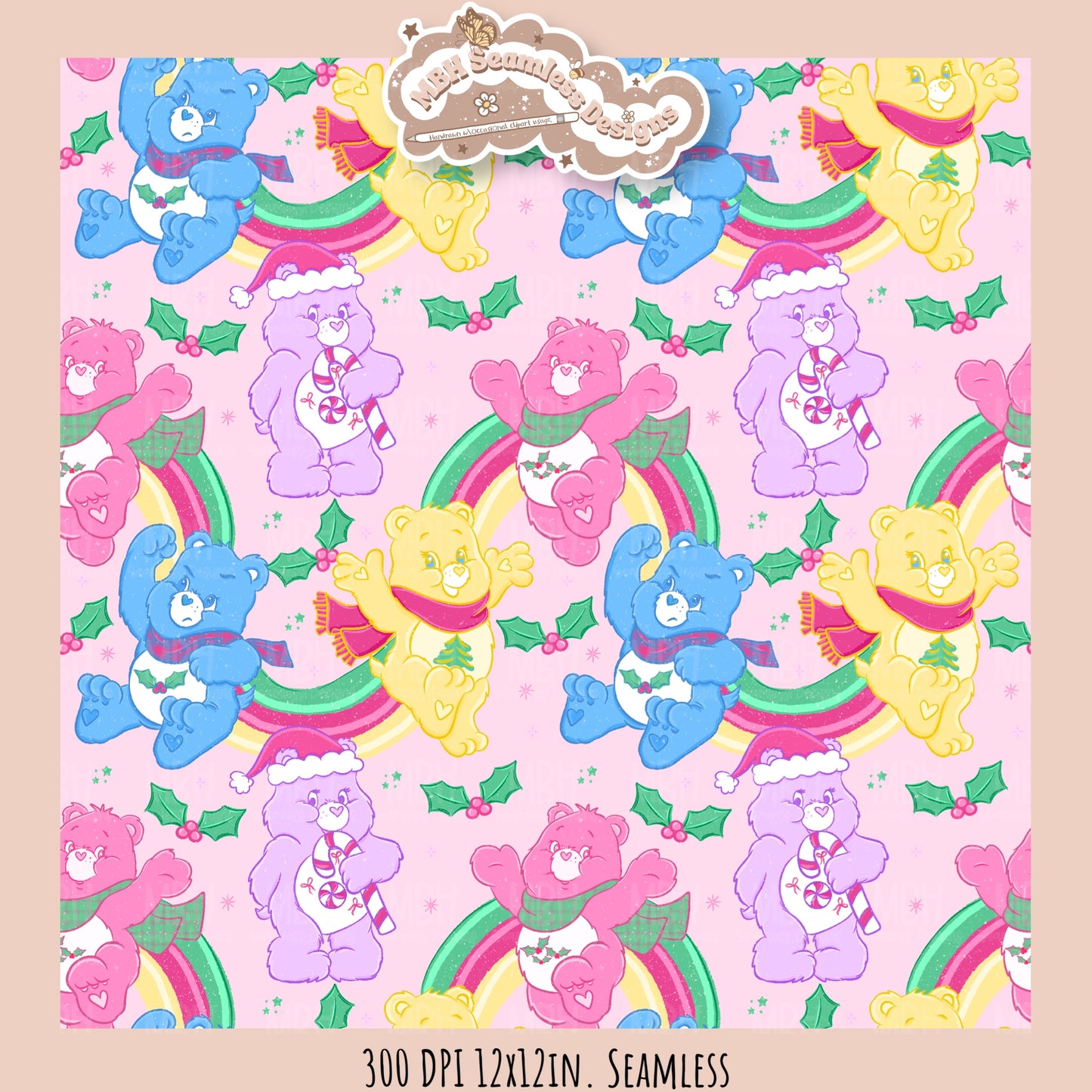 Holiday Care Bears Seamless Pattern // Assorted Colorway Options
