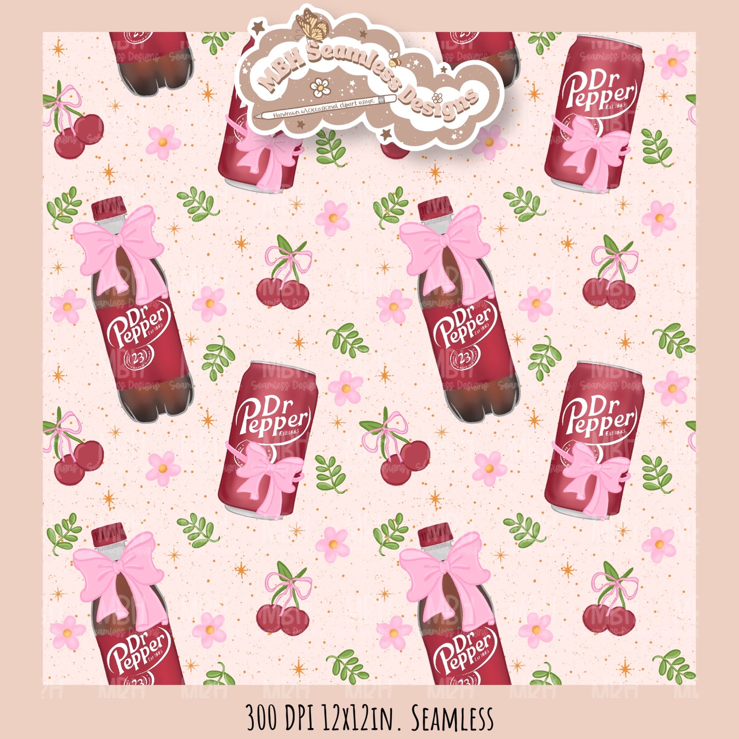 Coquette Dr. Pepper Floral Seamless Pattern // Multiple Colorway Options