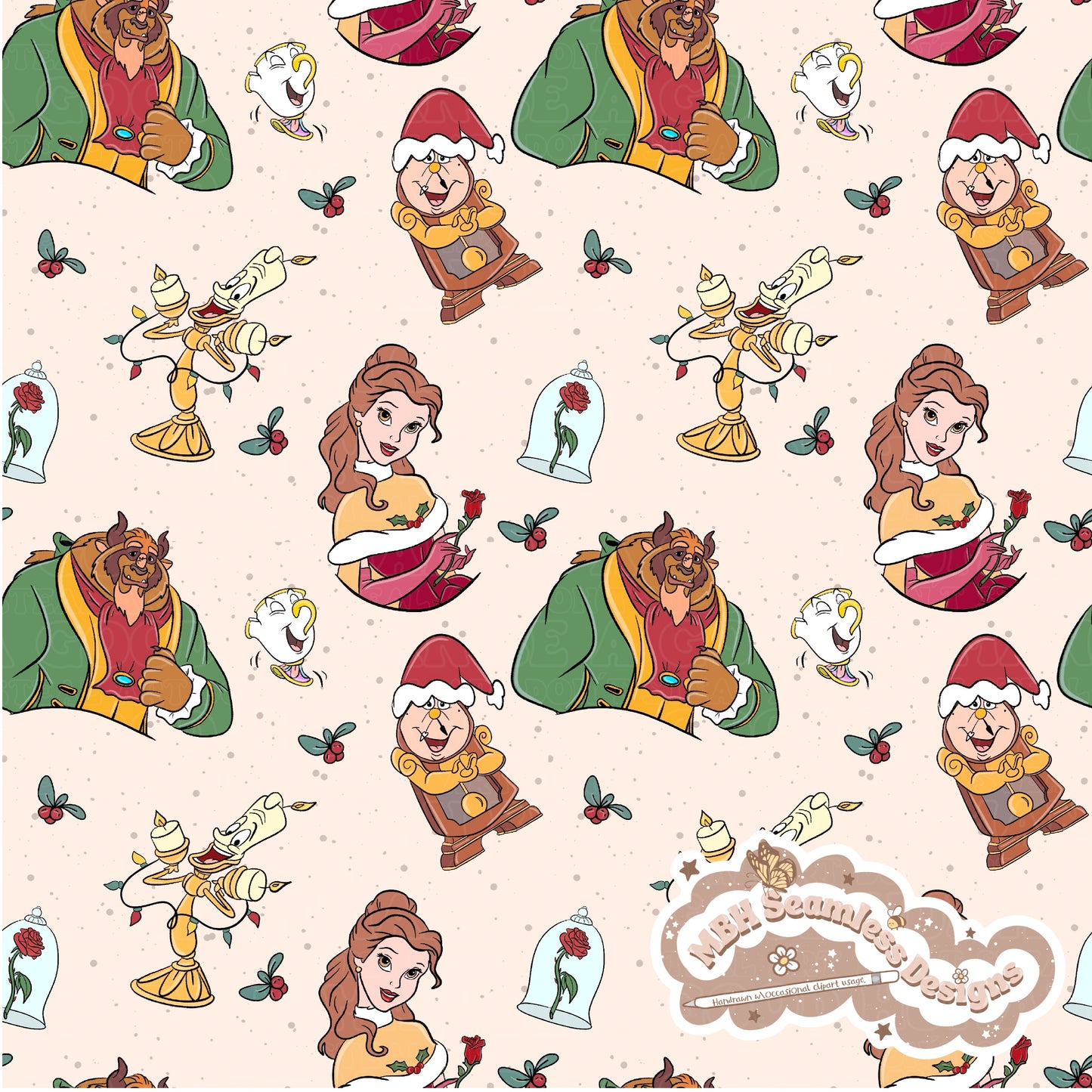 Belle And Beast Christmas Seamless Pattern