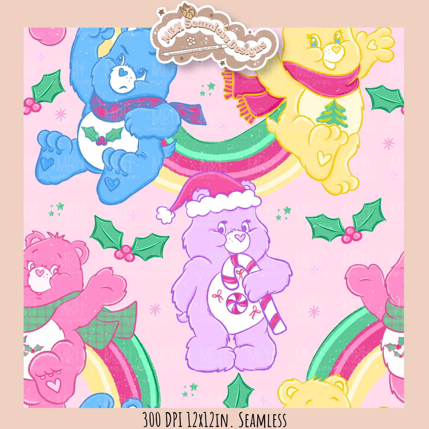 Holiday Care Bears Seamless Pattern // Assorted Colorway Options