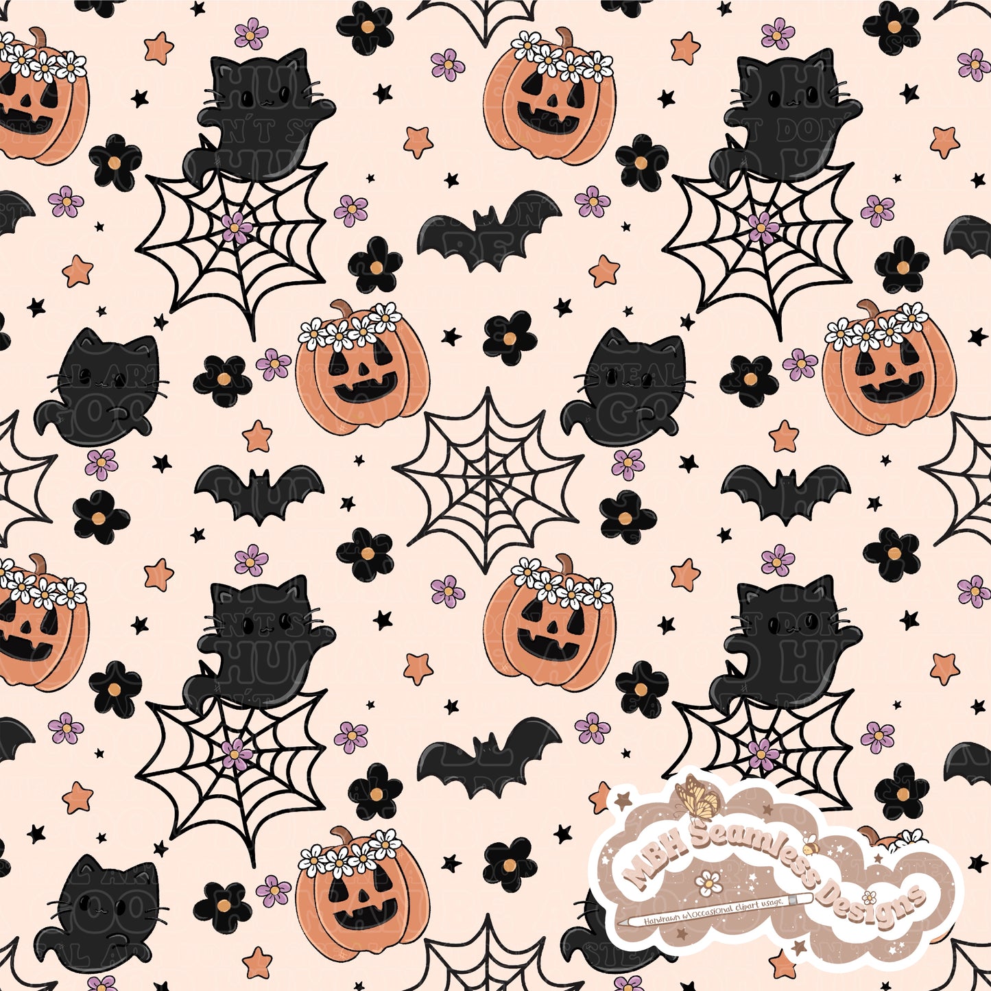 Spooky Floral Ghost Cats Seamless Pattern MULTIPLE COLORWAYS & COORD