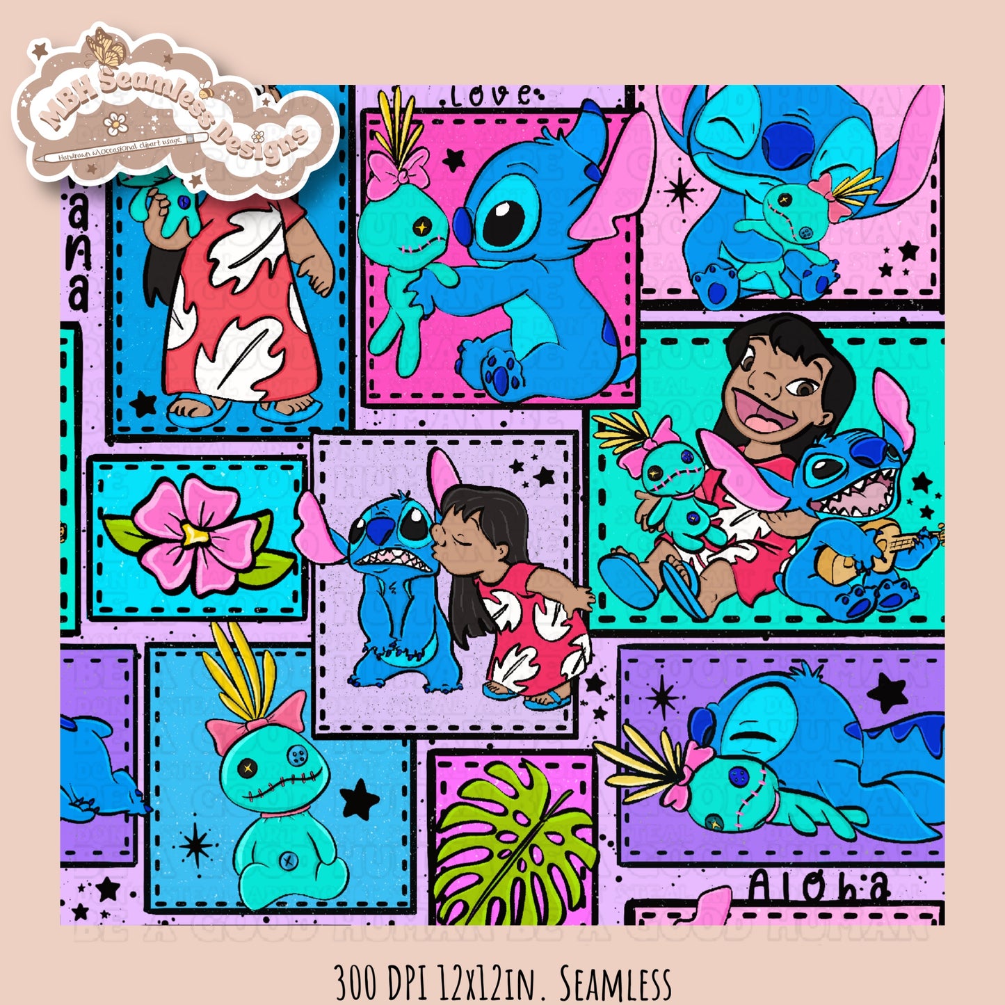 Lilo Stitch Scrump Patchwork Seamless Pattern Multiple Colorways