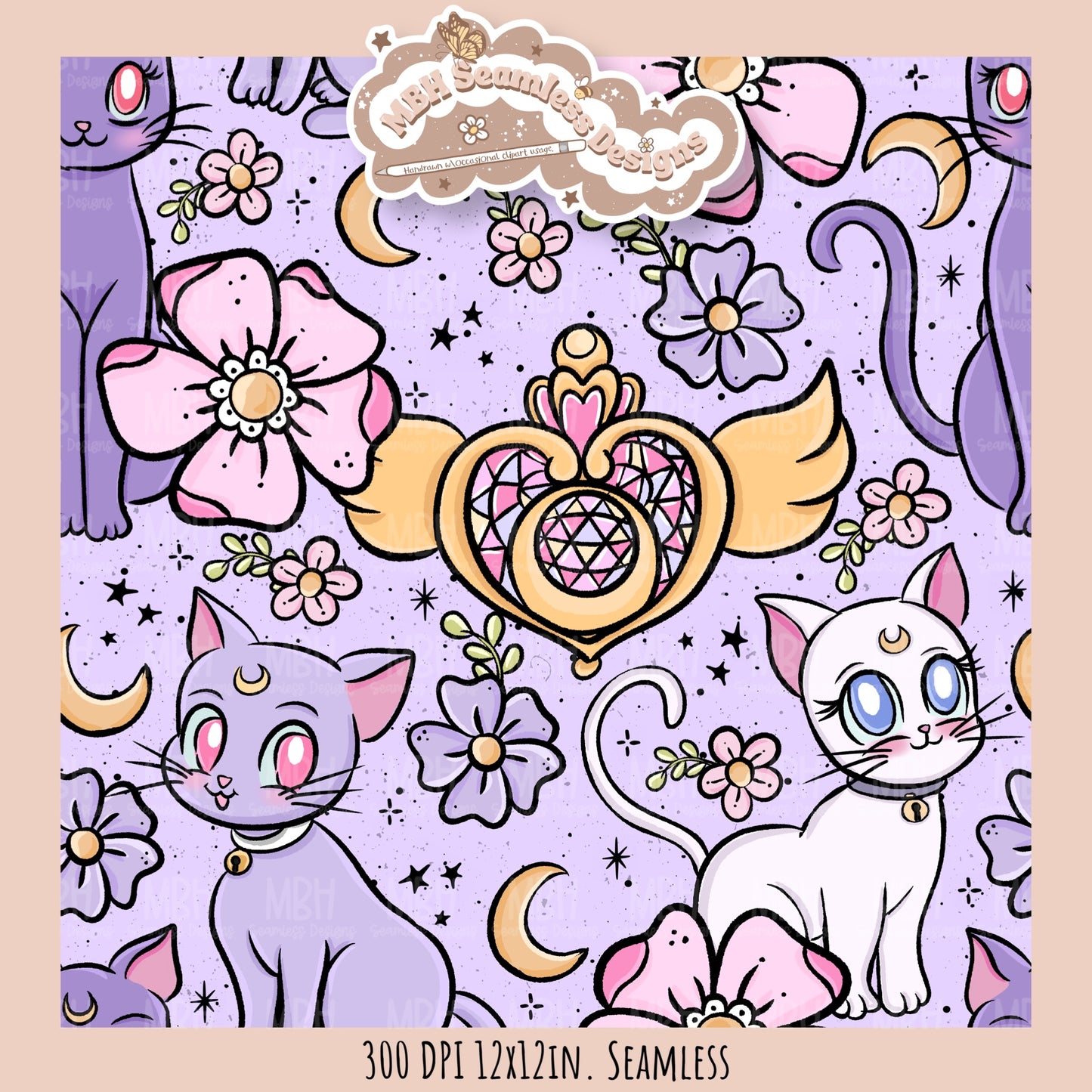 Sailor Moon Cats Seamless Pattern // PNG // MULTIPLE COLORWAY OPTIONS