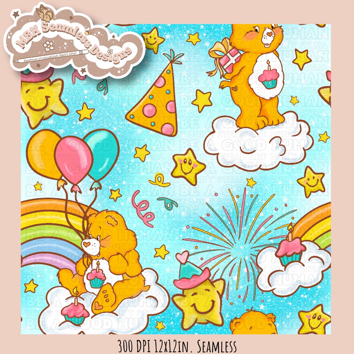 Birthday Care Bear Seamless Pattern & PNG MULTIPLE COLORWAY OPTIONS