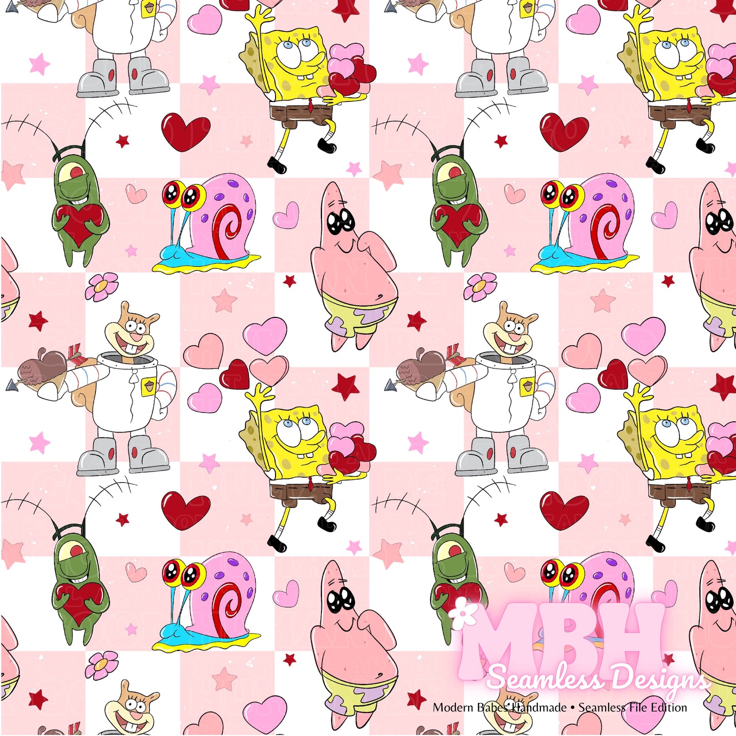 Checkered Spongebob & Friends Valentine’s Day Seamless Pattern