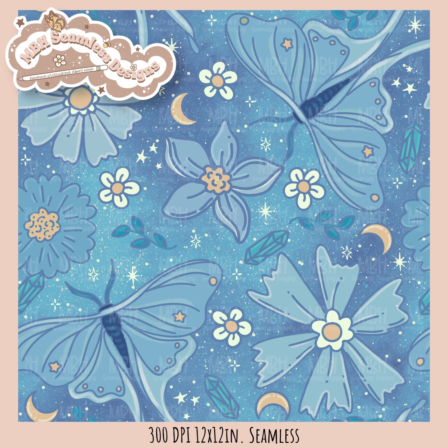 Starry Night Floral Luna Moths Seamless Pattern // PNG//  MULTIPLE COLORWAYS