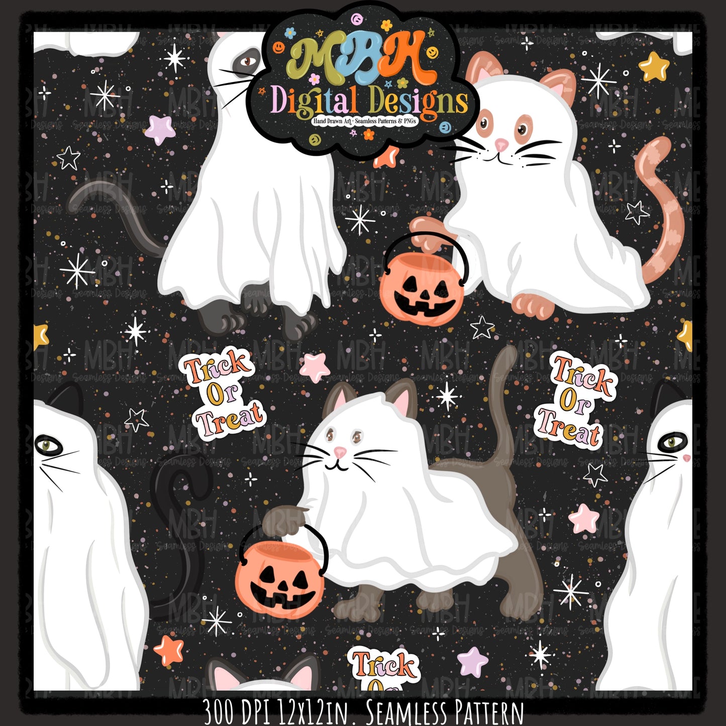 Starry Cat Ghosts Seamless Pattern // MULTIPLE COLORWAYS