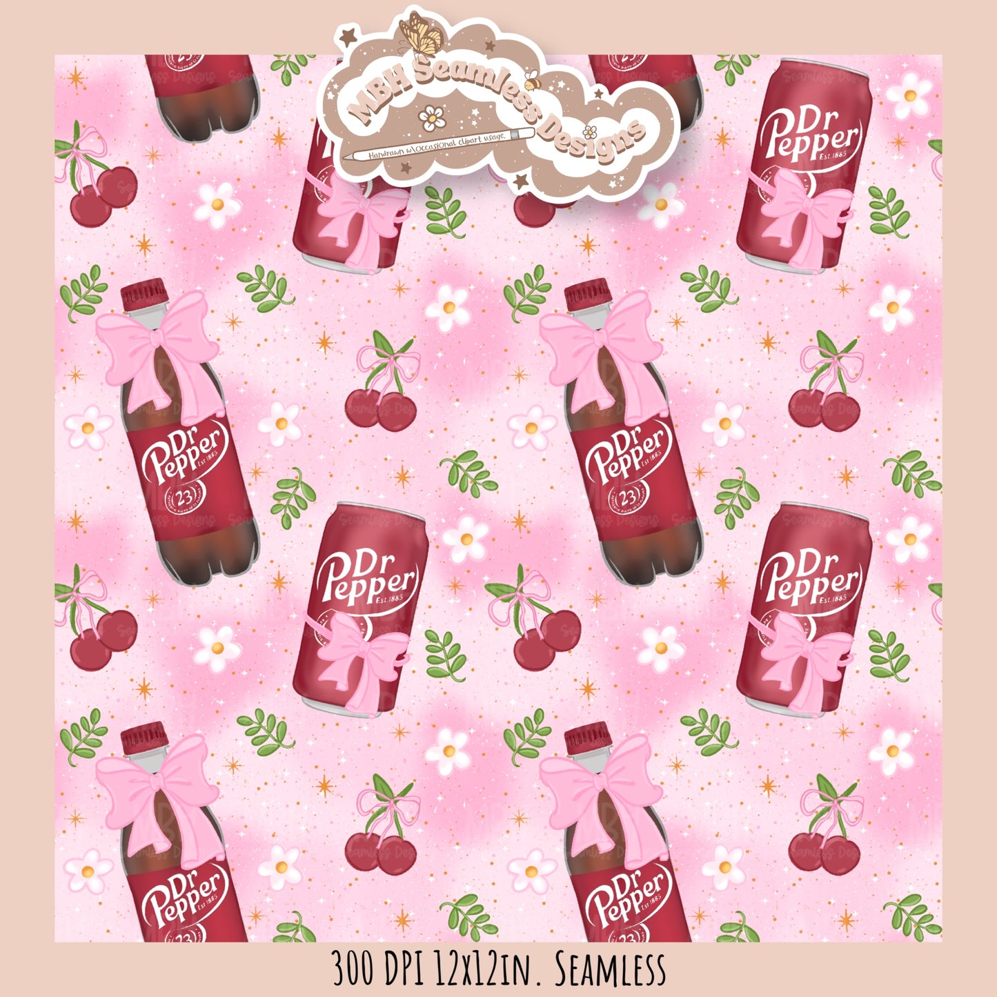 Coquette Dr. Pepper Floral Seamless Pattern // Multiple Colorway Options