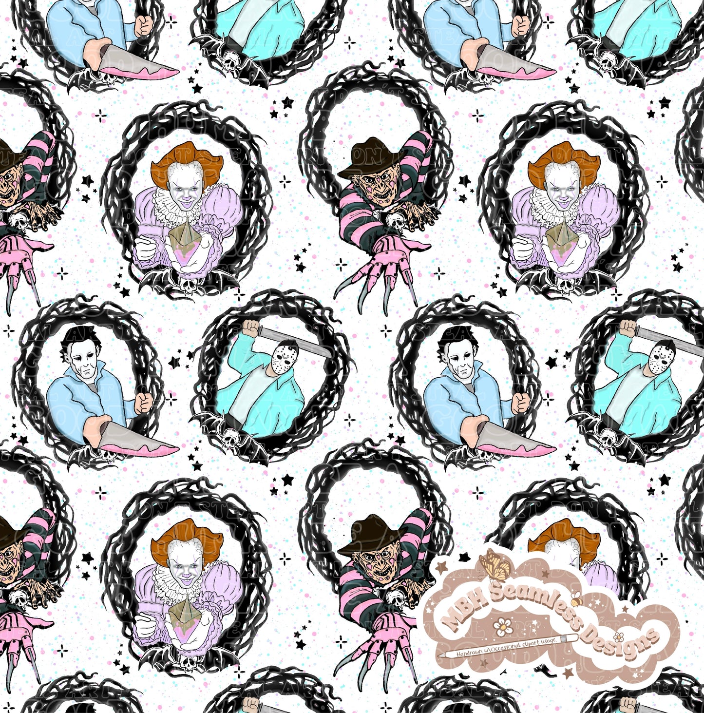 Pastel Horror Mashup Frames Seamless Pattern Multiple Colorways