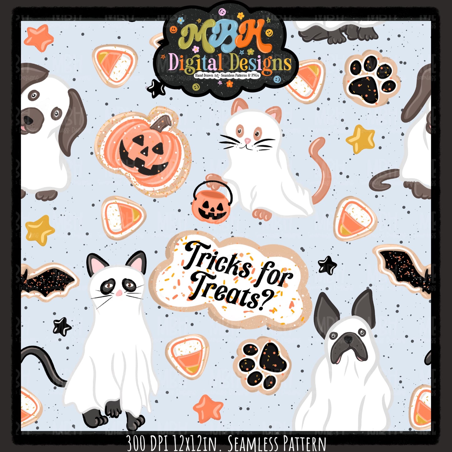 Ghost Cats & Dogs Seamless Pattern // PNG // MULTIPLE COLORWAYS
