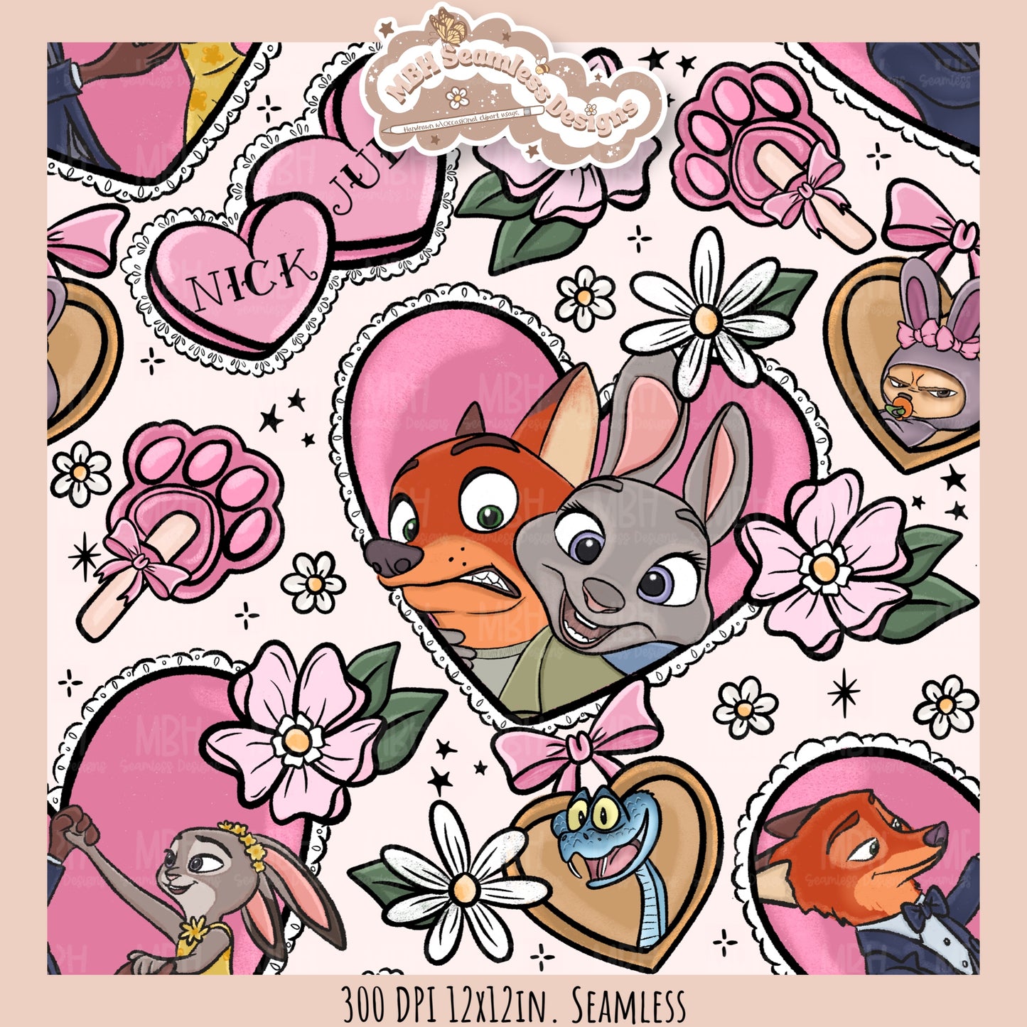 Nick & Judy Romance Seamless Pattern // PNG // Assorted Colorways
