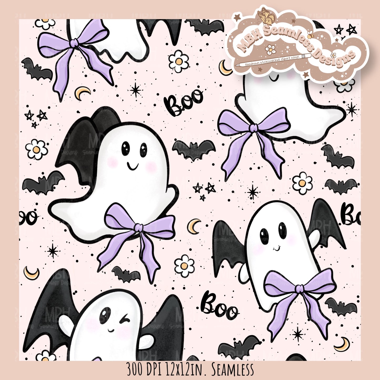 Coquette Ghost Bats Seamless Pattern // Assorted Colorway Options
