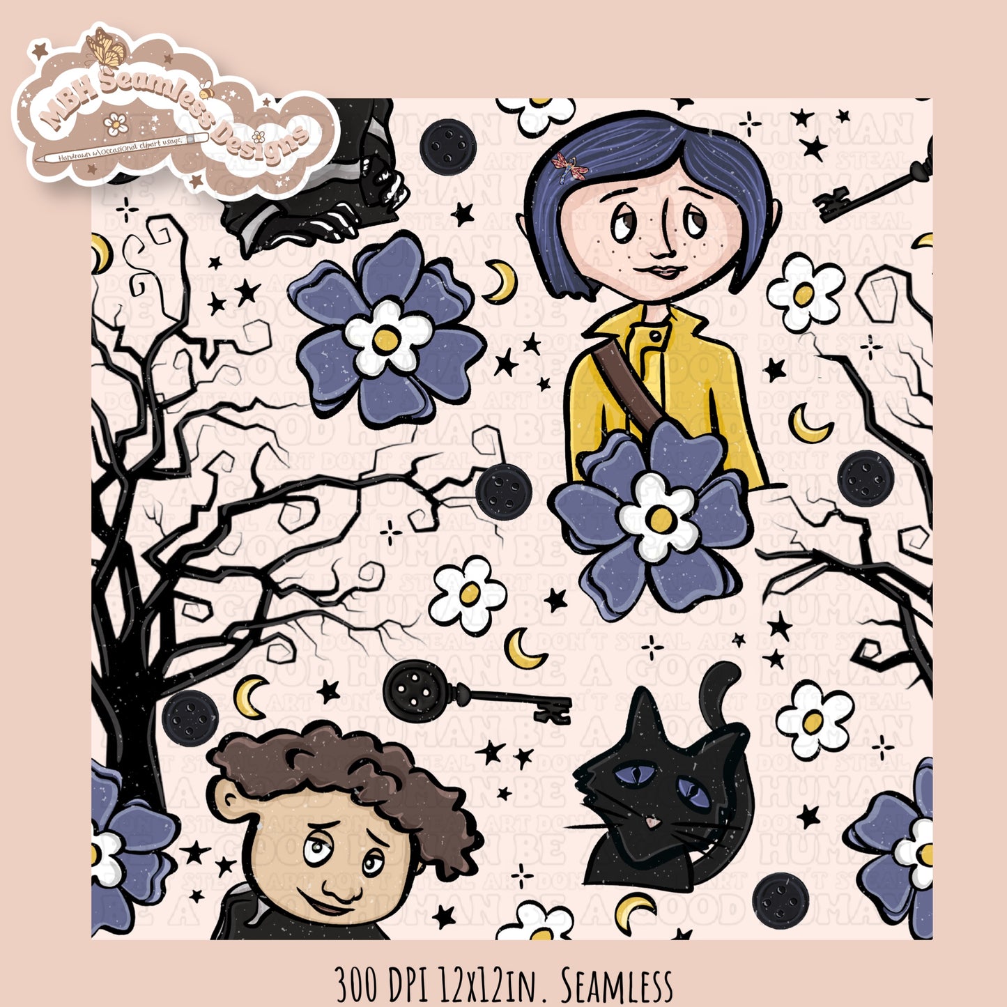Bohemian Floral Button Eye Girl Seamless Pattern // PNG // Assorted Colorway Options