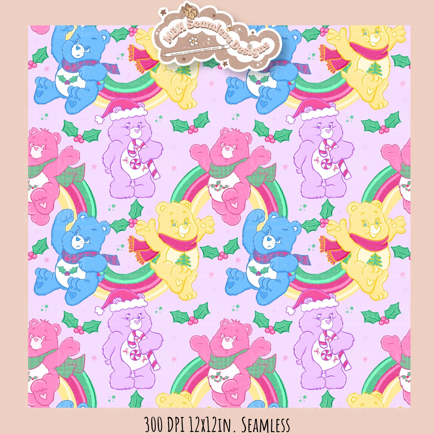 Holiday Care Bears Seamless Pattern // Assorted Colorway Options