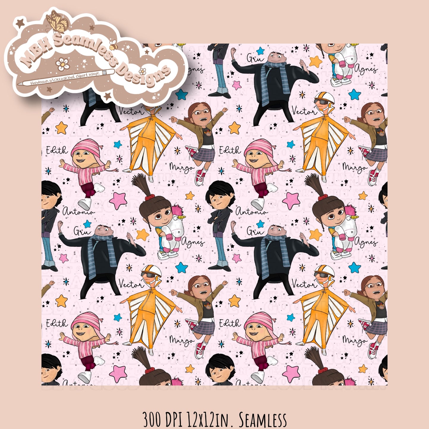 Despicable Me Character Names Seamless Pattern MULTIPLE COLORWAYS