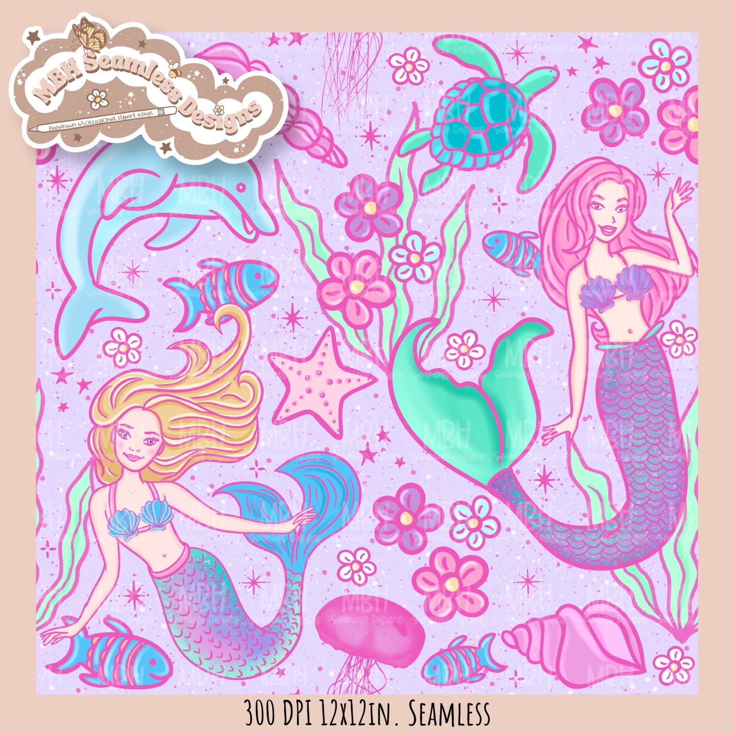 Barbie Mermaids Seamless Pattern //  MULTIPLE COLORWAYS