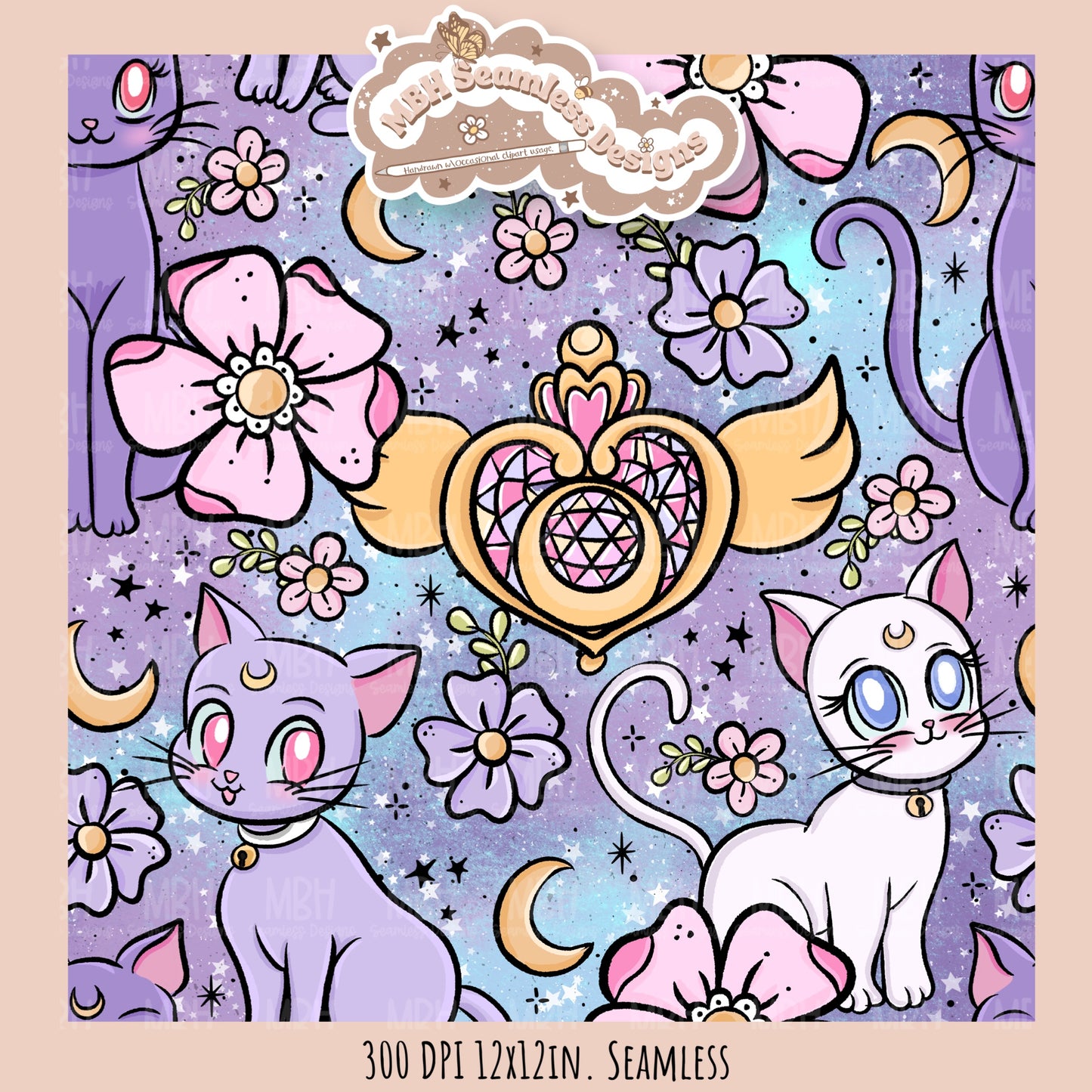 Sailor Moon Cats Seamless Pattern // PNG // MULTIPLE COLORWAY OPTIONS