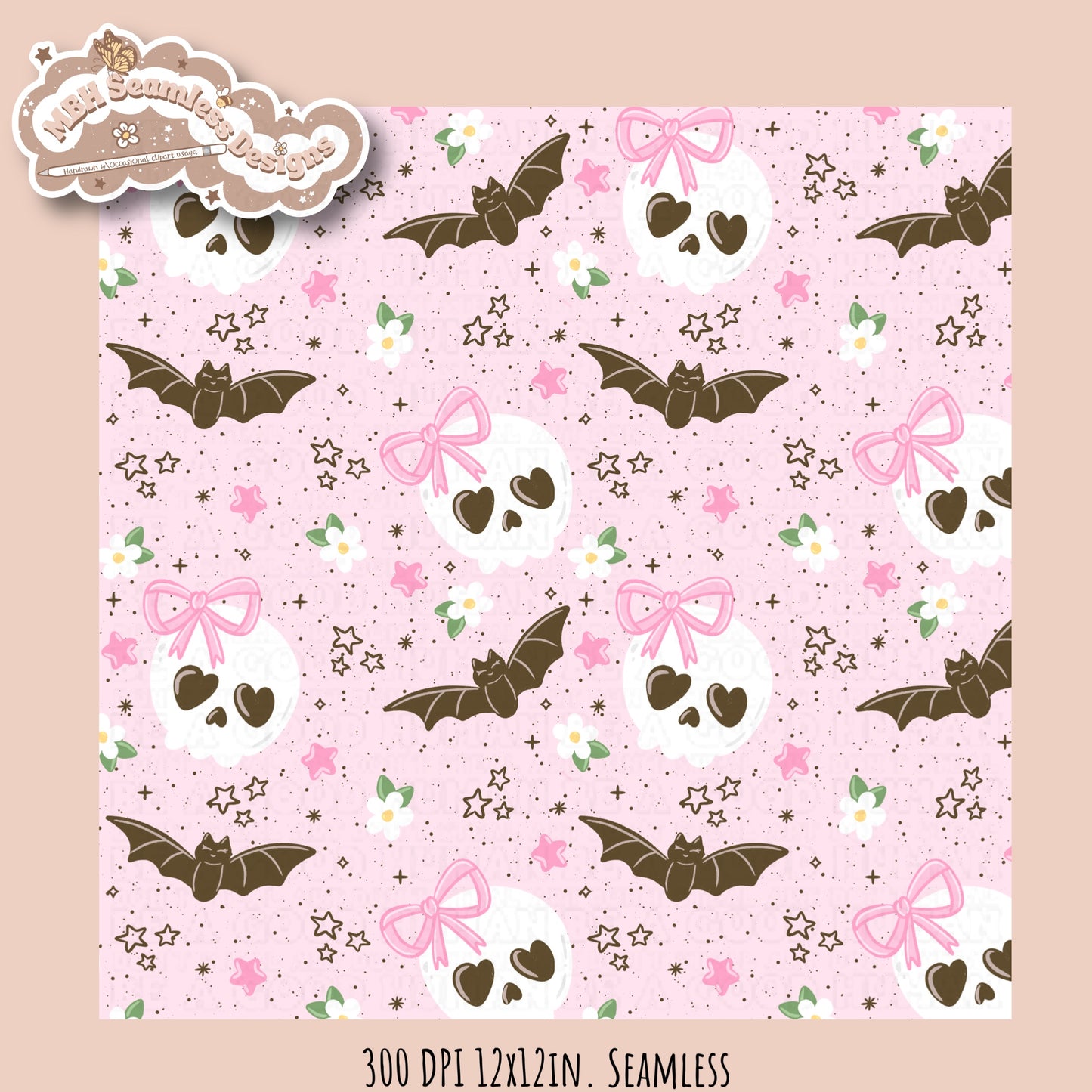 Girly Skulls and Bats Seamless Pattern // Multiple Colorways